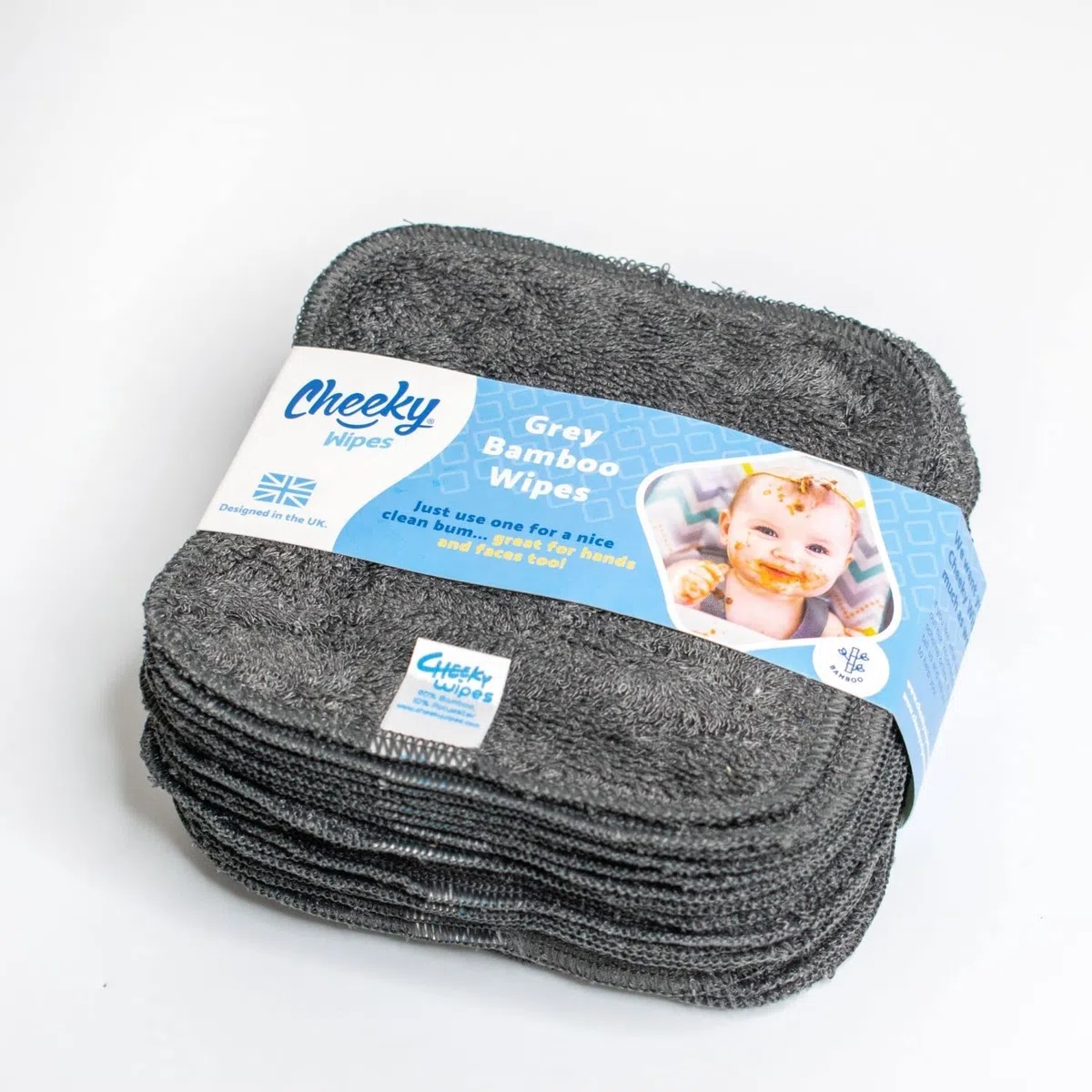 Cheeky Wipes - 25 toallitas lavables de tela de rizo de bambú, 15 x 15 cm, reutilizables, color gris