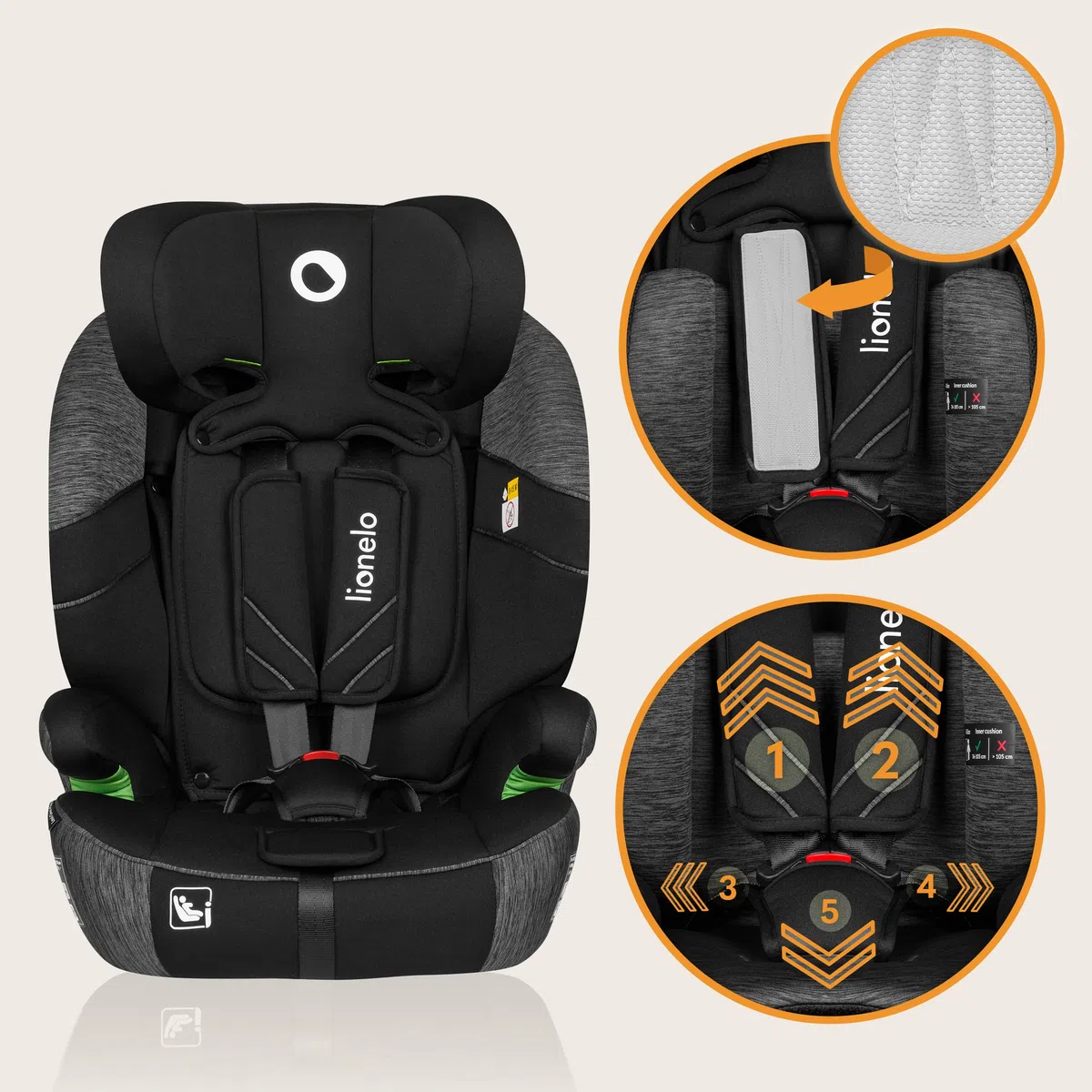 LIONELO LEVI ONE I-SIZE Silla infantil de coche 76-150 cm, Grupo 1 2 3, Protección Lateral, Reposacabezas ajustable de 10 etapas, Reposabrazos Cómodos, Respaldo Extraíble, R129 i-Size