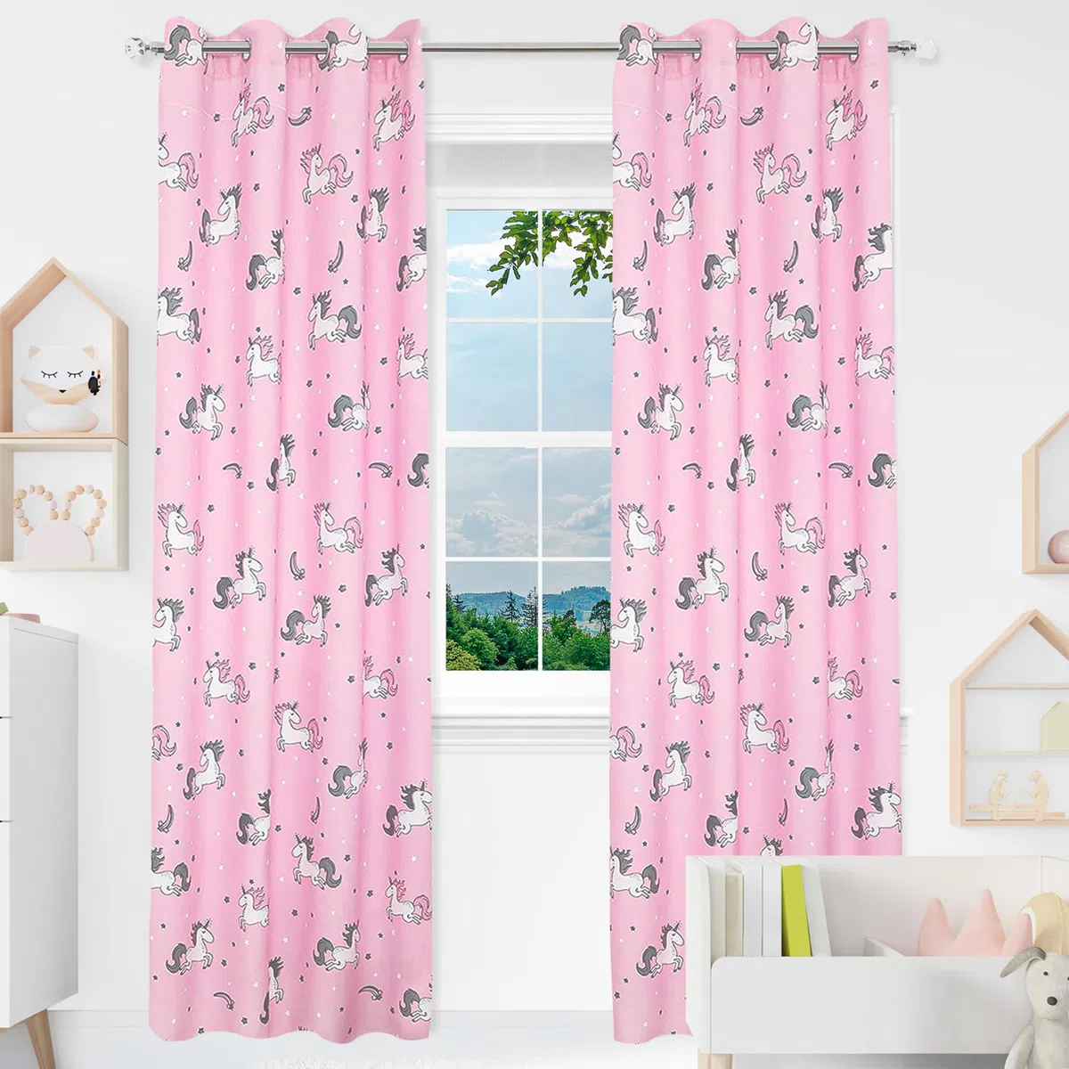 2 Piezas Cortina Infantil Opaca para Habitación de Niñas, 140 x 260cm Ancho x Alto, Cortina Cortina Dormitorio Infantil con Diseño Unicornio Rosa, Material 100% Poliéster