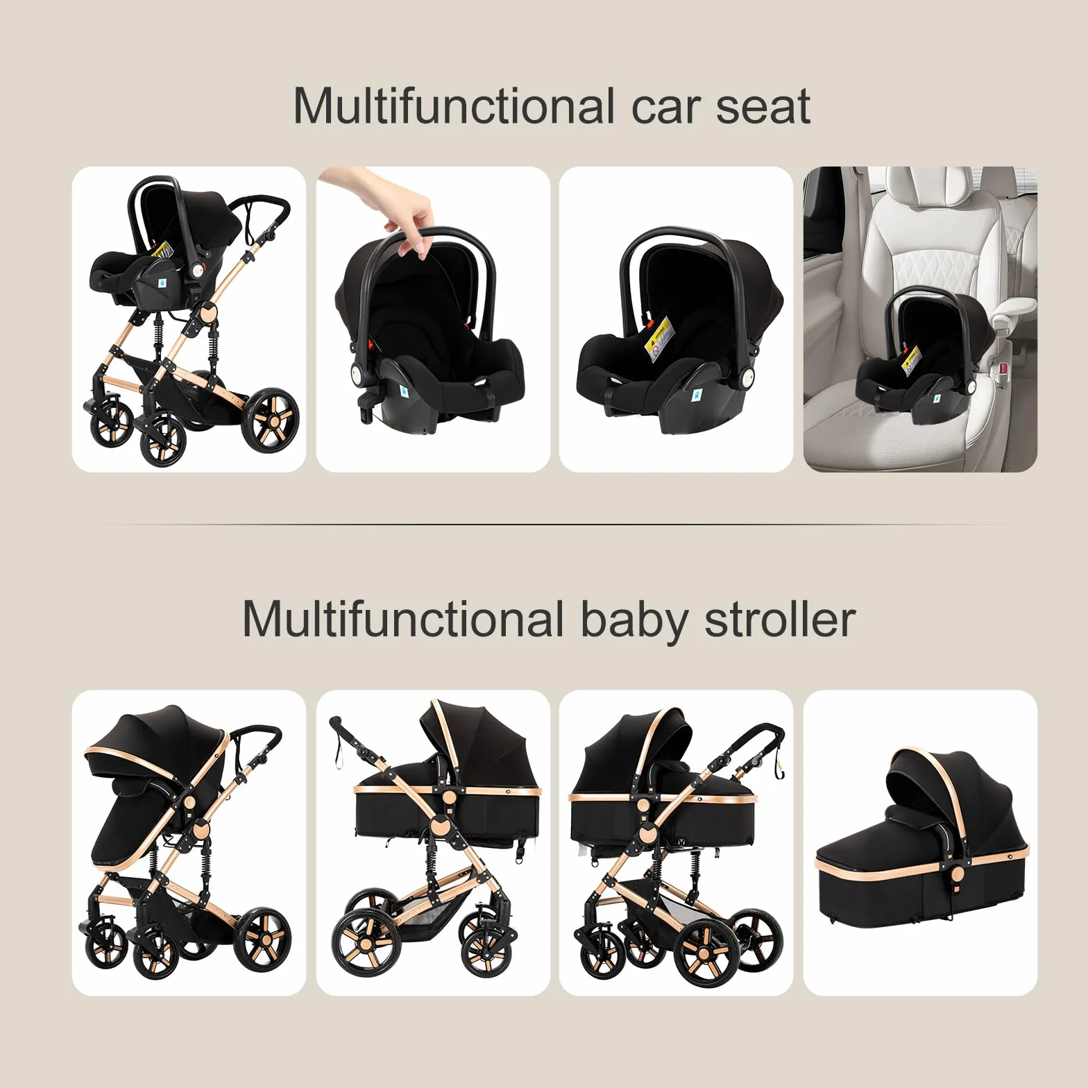 Carro Bebe 3 Piezas, Carrito Bebe 3 en 1 con Dos Modos de Empuje Reversibles, Cochecito Tres Piezas con Capazo Grande Cómodo, Carricoche Tres Alto Paisaje (588 Black Gold)