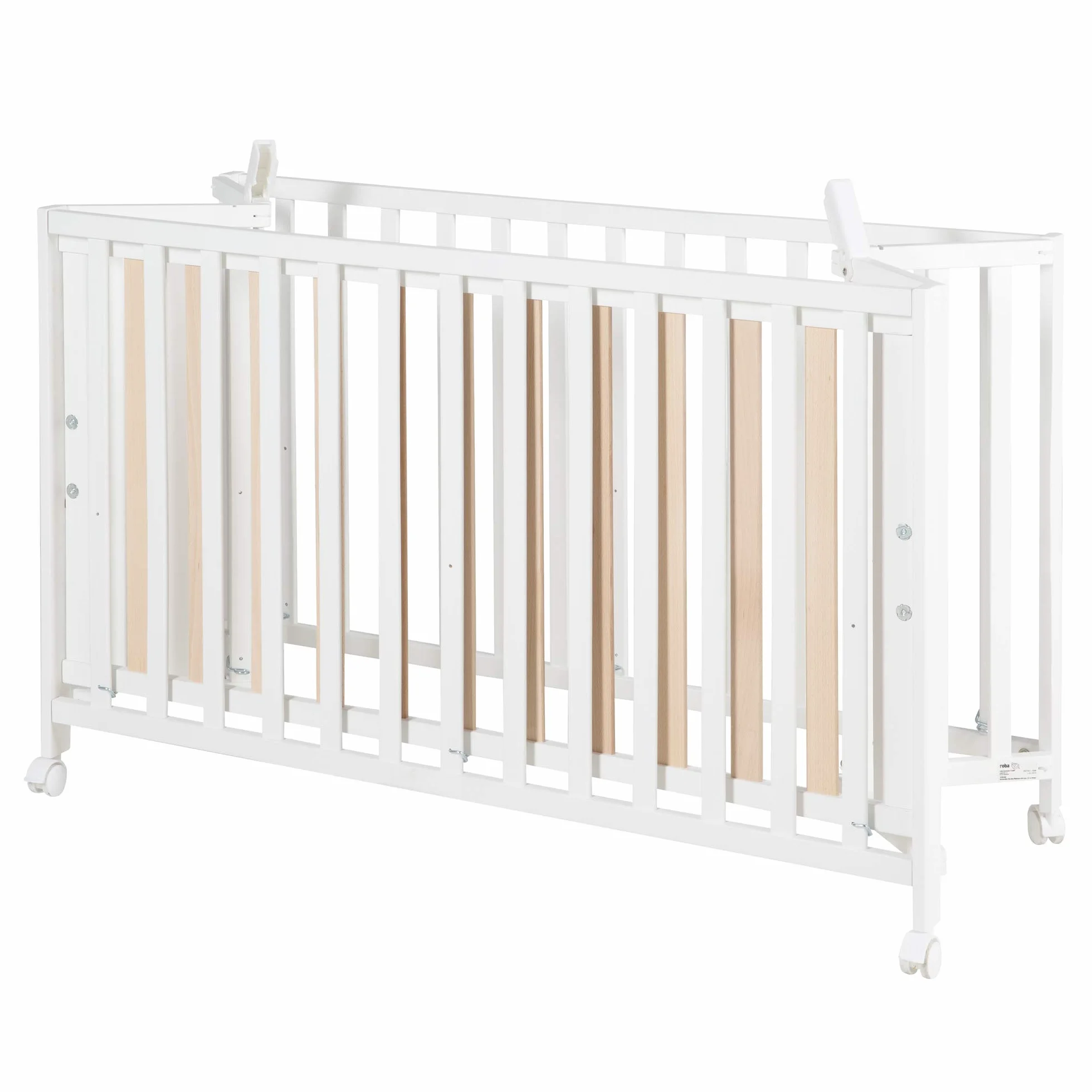 roba Baumann Cuna roba plegable 'Fold Up', cuna de 60x120 cm, cuna de madera blanca, cuna ajustable en altura a 3 posiciones, ahorra espacio y esta provista de ruedas con frenos