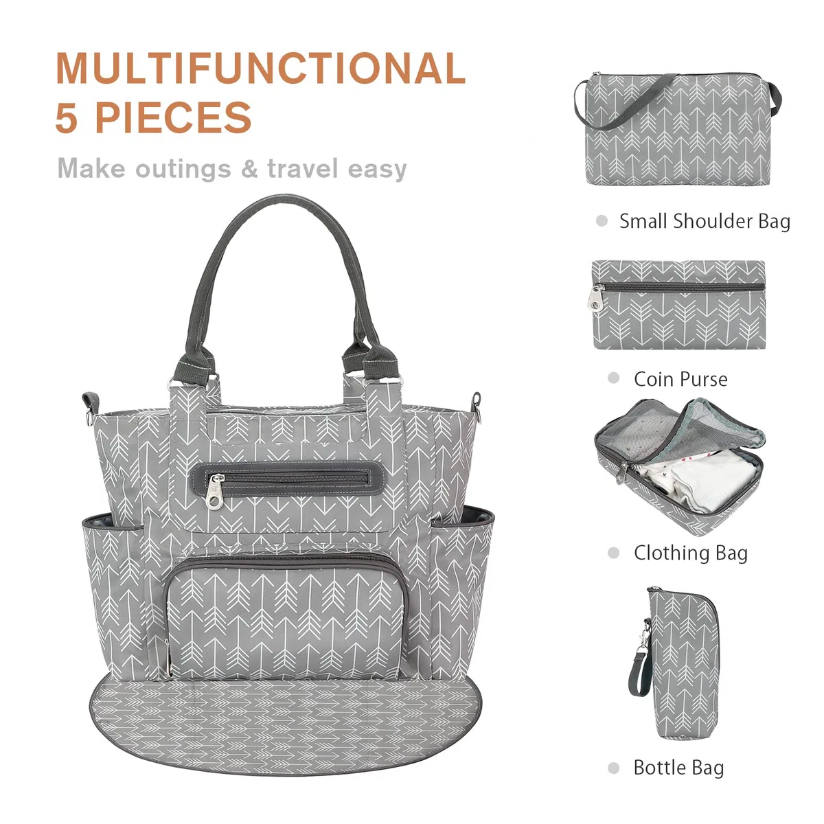 SONARIN Set de 7 Bolsa de Pañales para Bebés,Bolso Cambiador de Pañales Multifunción Bolsa Mamá Bolsa de Hombro Bolsa de Viaje para Pañales con Cambiador y Ganchos Carrito Bebé