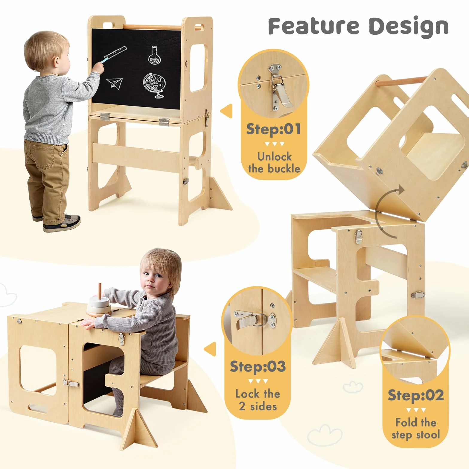 Labebe Montessori Torre per Bambini 3 in 1 Pieghevole Didattica Scala Sgabello con Lavagna Legno da 1 Anno