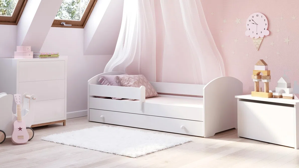 KOBI Cama Niño LUK Blanco 180x80 | Una cama para una habitación infantil y adolescente | Cajón, barrera de seguridad y colchón Incluido |