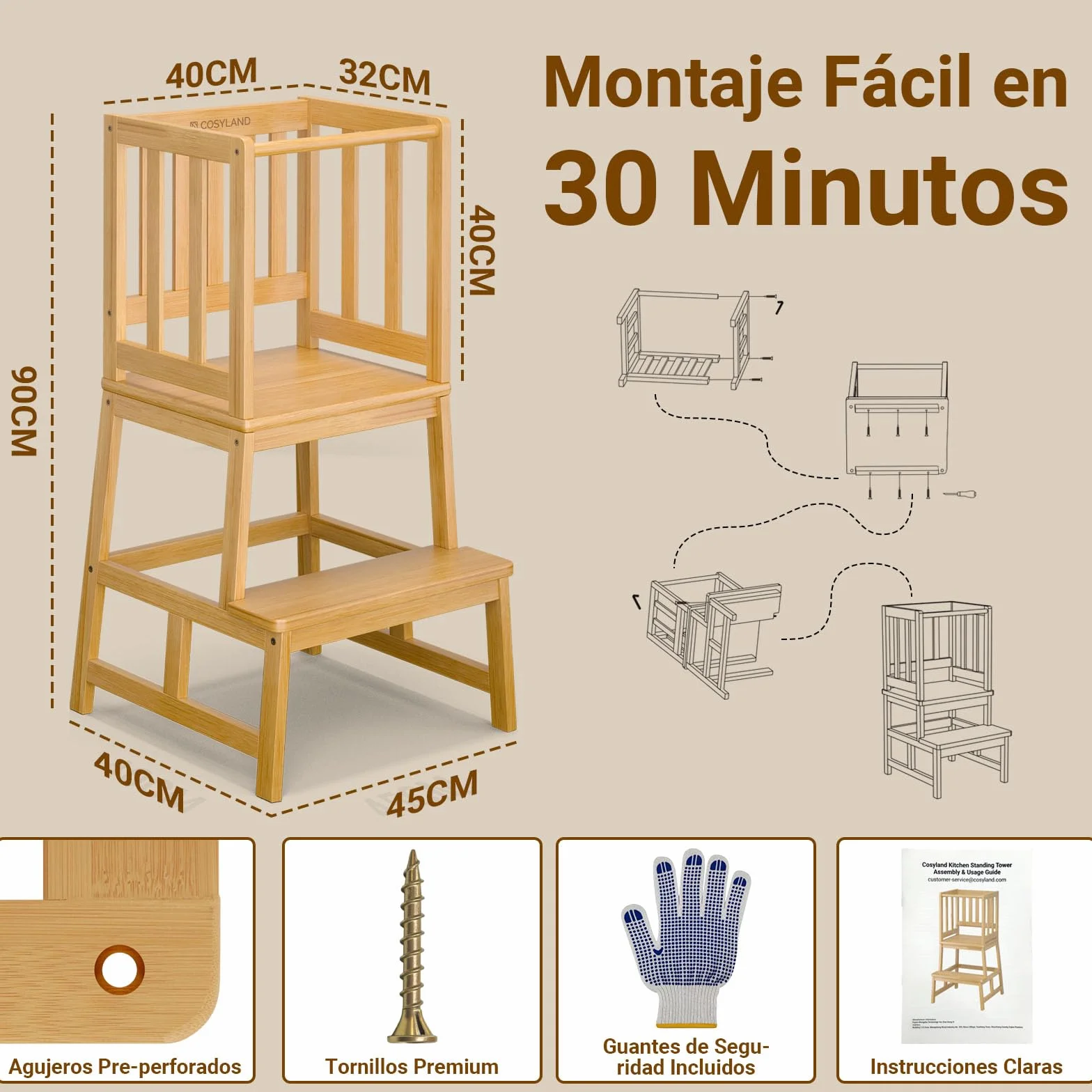 COSYLAND Torre de Aprendizaje Montessori Natural Bamboo 18 Meses Antivuelco