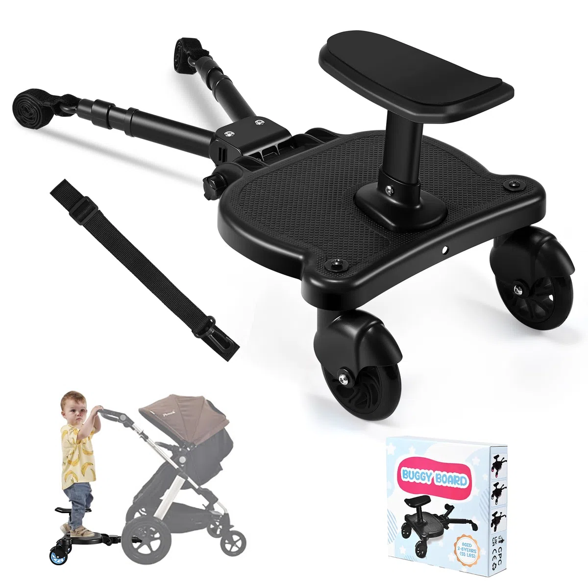 Patin Carro Bebe Universal con Asiento,Buggy Board para niños,Diseño estable de dos ruedas, con correa de suspensión, Accesorio para cochecito para niños de 2 a 6 años (25 kg),negro