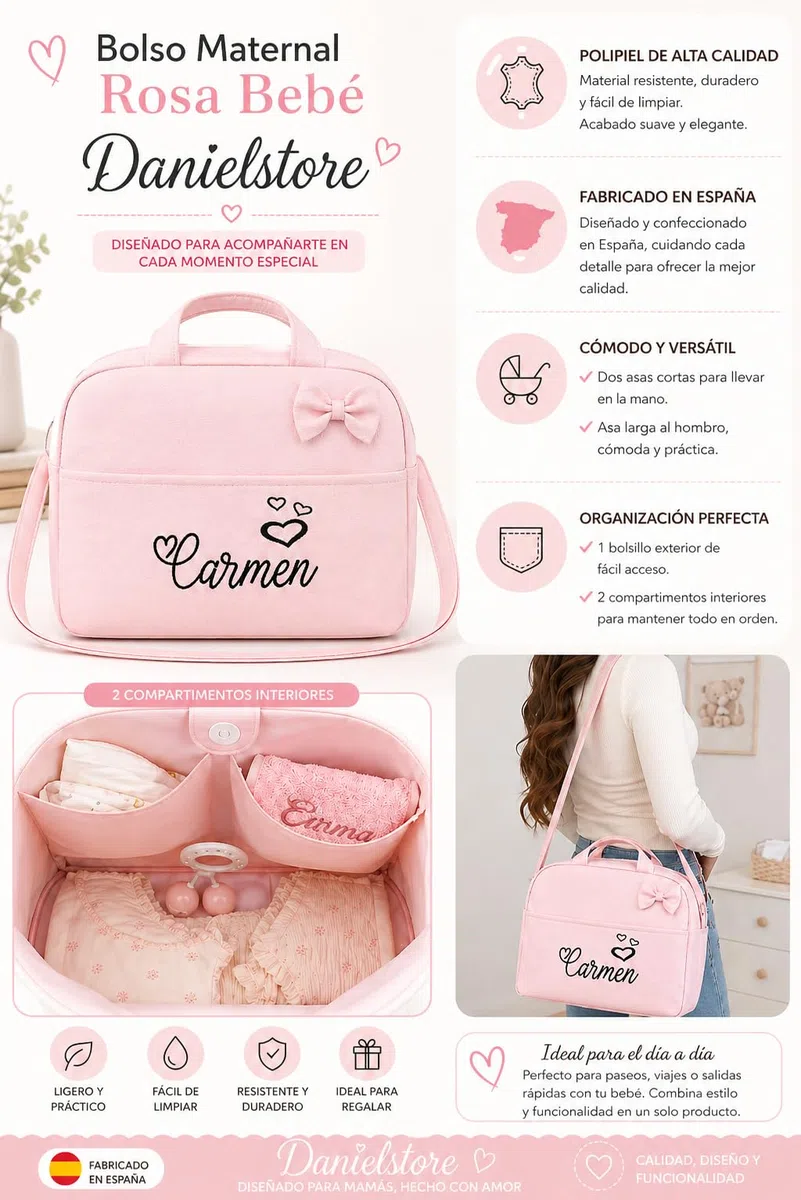 Danielstore - Bolso Maternidad Personalizado | Organizador Pañales | Asa Colgar al Hombro | Compatible Carrito Bebe | Fácil Limpieza, Rosa, 1 Unidad, Polipiel