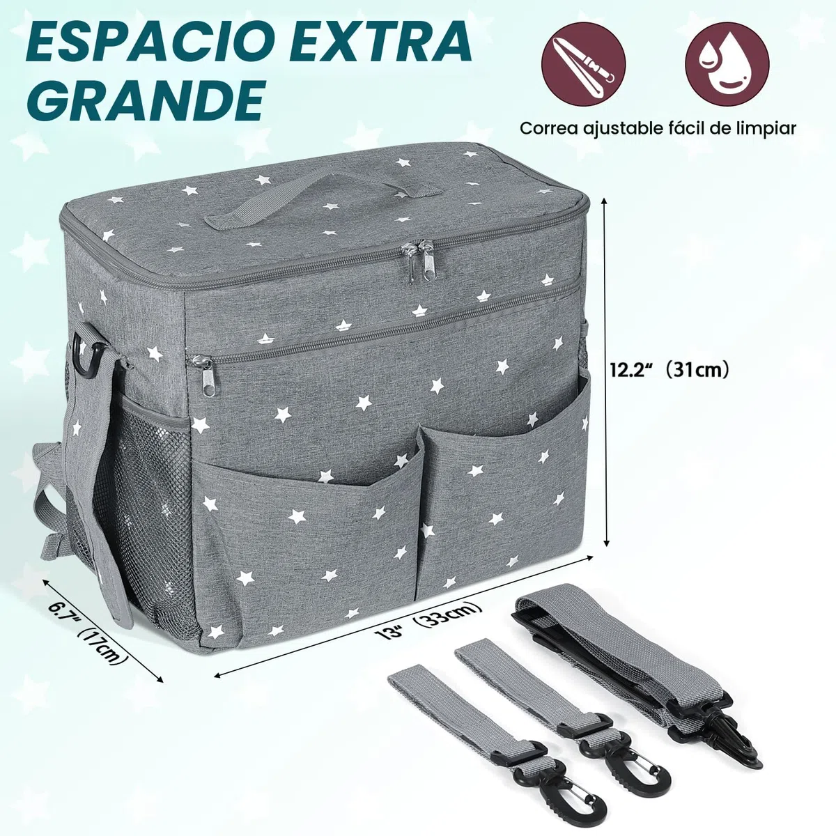 Orzbow Grande Bolso Carro Bebe,Impermeable Bolso Carrito Bebe con Portavasos,Multifuncional Organizador Carro Bebe con Divisor Extraíble,Forro Aislante y 22L Capacidad,2 Ganchos y 1 Bandolera (Gris)