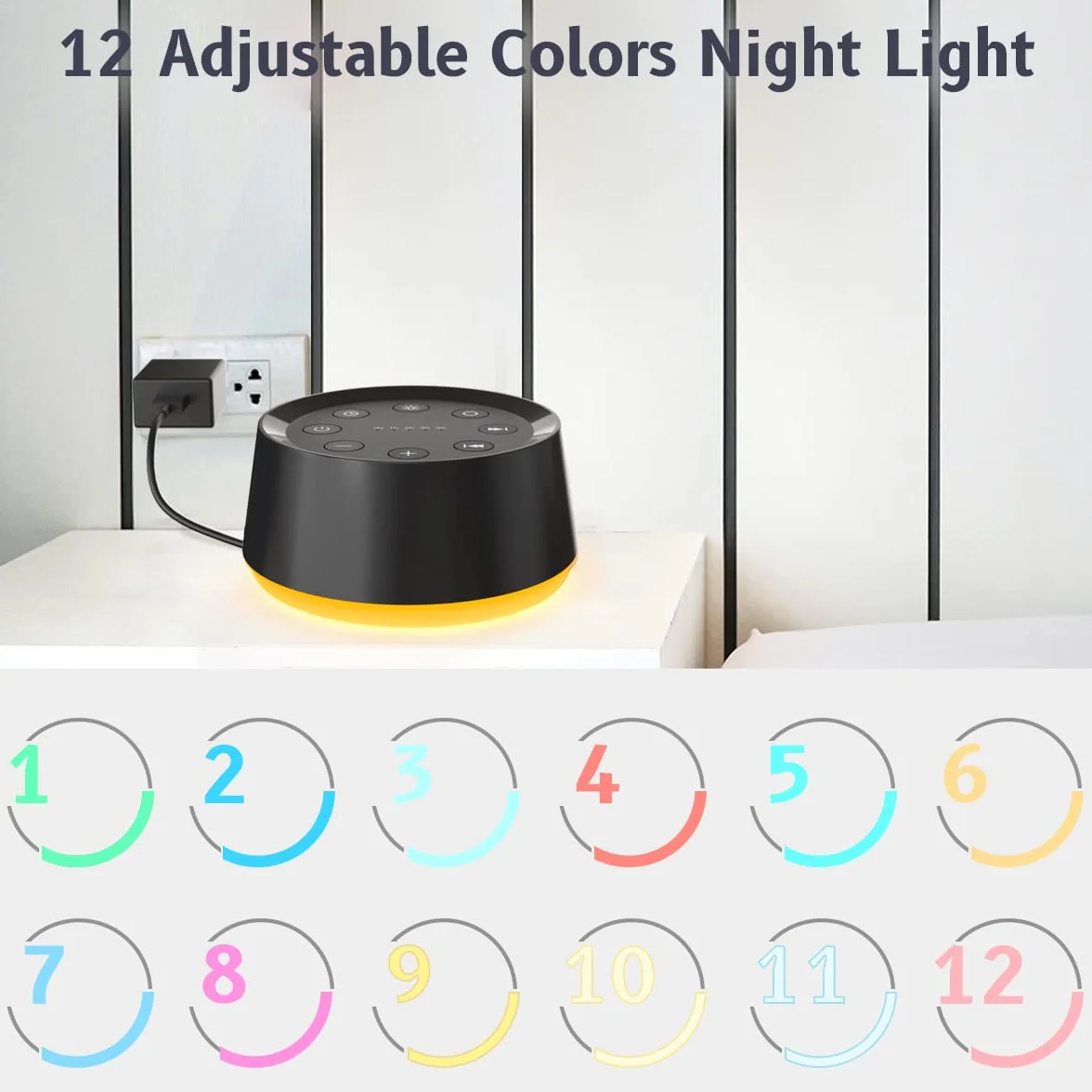 Máquina de sonido con 30 sonidos relajantes, 12 colores, luz nocturna, 36 niveles de volumen, función de memoria