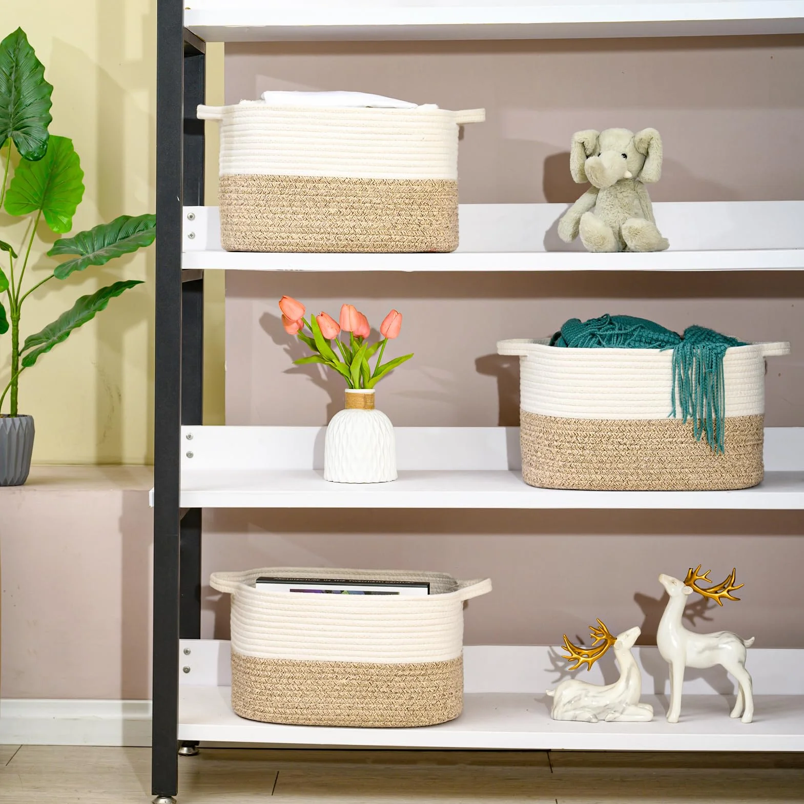 Cesta de Almacenamiento Tejida de Cuerda de Algodón para Organizar Juguetes de Bebé, Lavandería y Manta - Blanco y Marrón