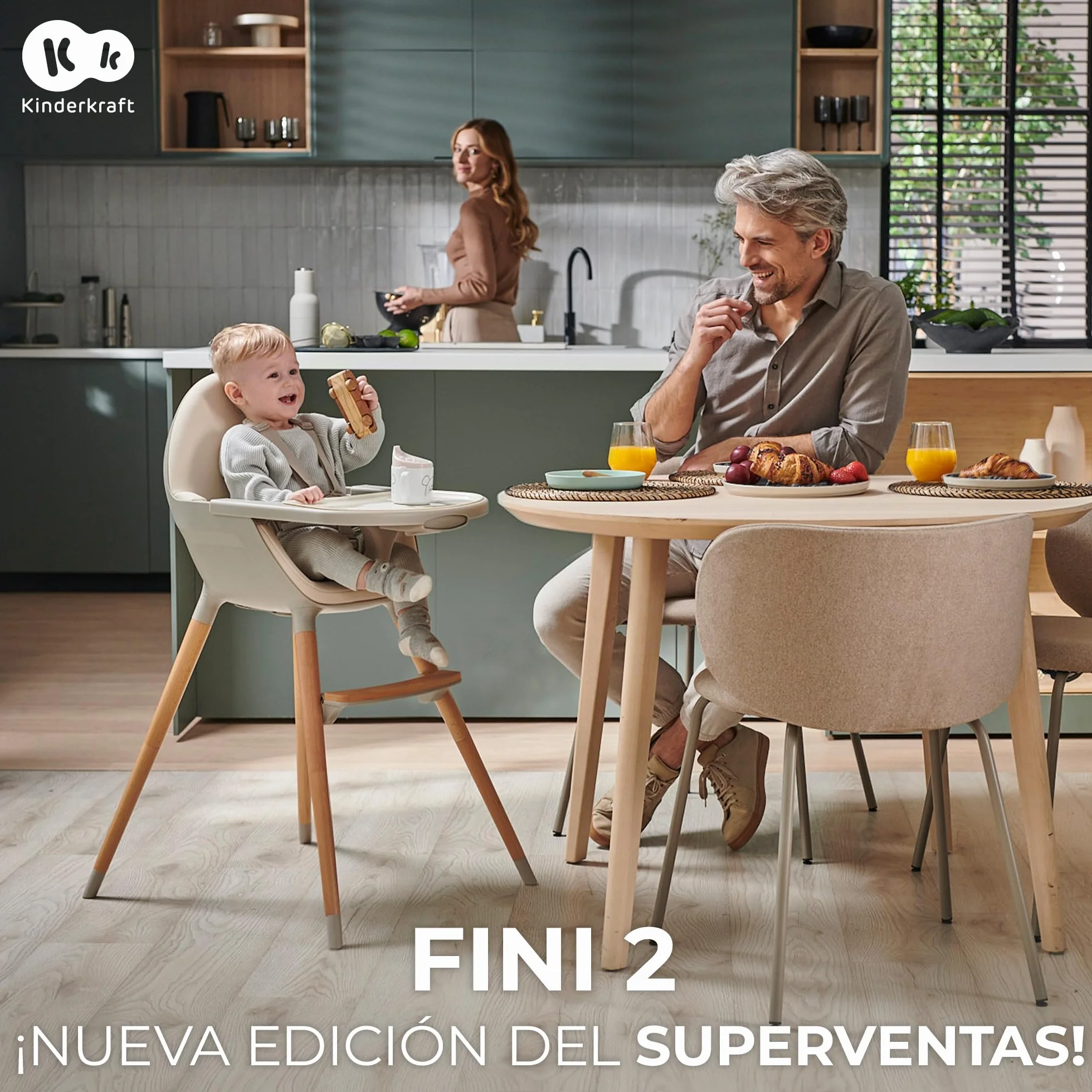 Kinderkraft FINI 2 Trona bebé 2 en 1 Silla Infantil Portátil Patas de Madera Bandeja Ajustable Beige