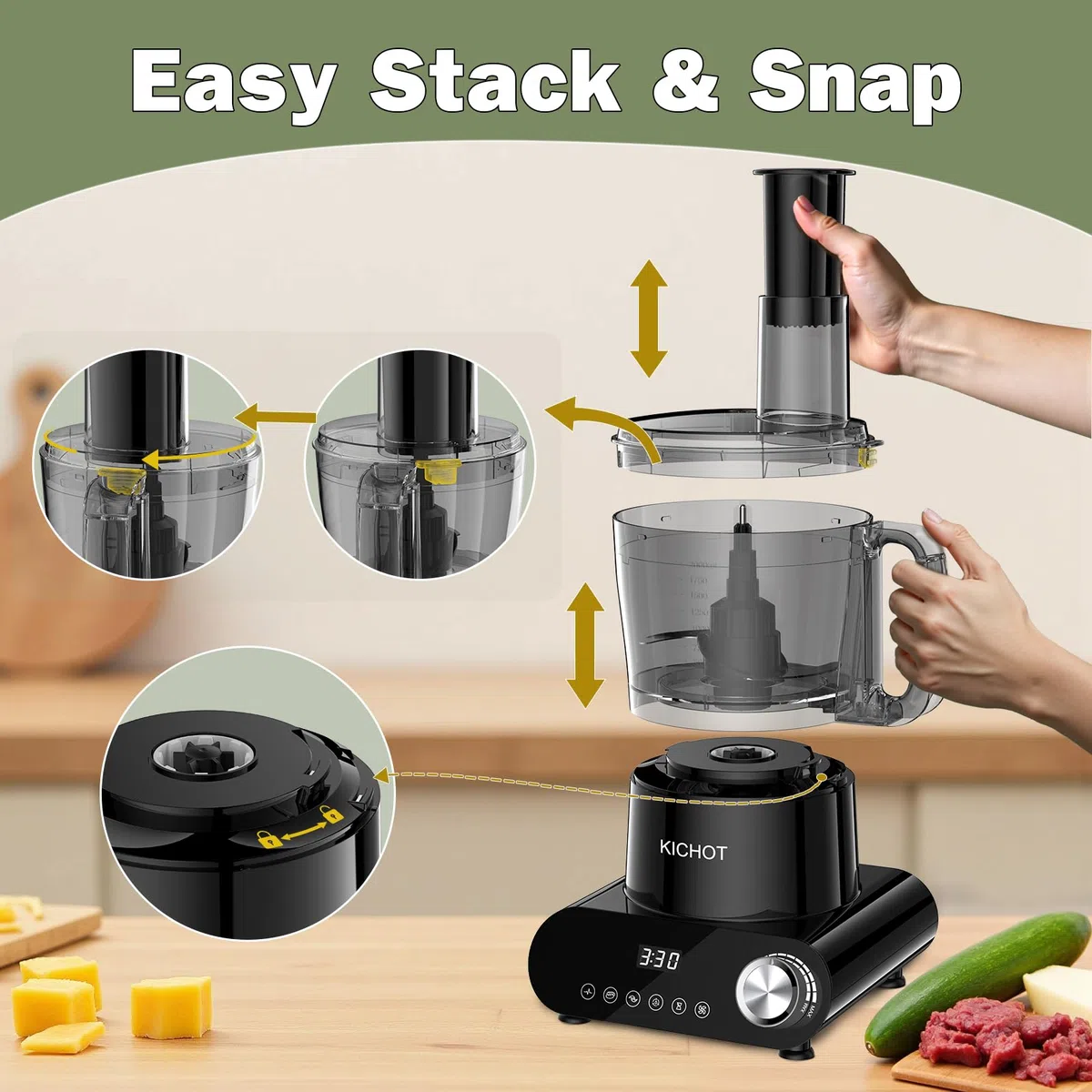 Robot de cocina & Picador, 2.5 L Food Processor 1500 W con gran tubo de alimentación – Creación de hielo, Molienda, Expresor de cítricos, Ralladura, Corte & Repostería, Negro