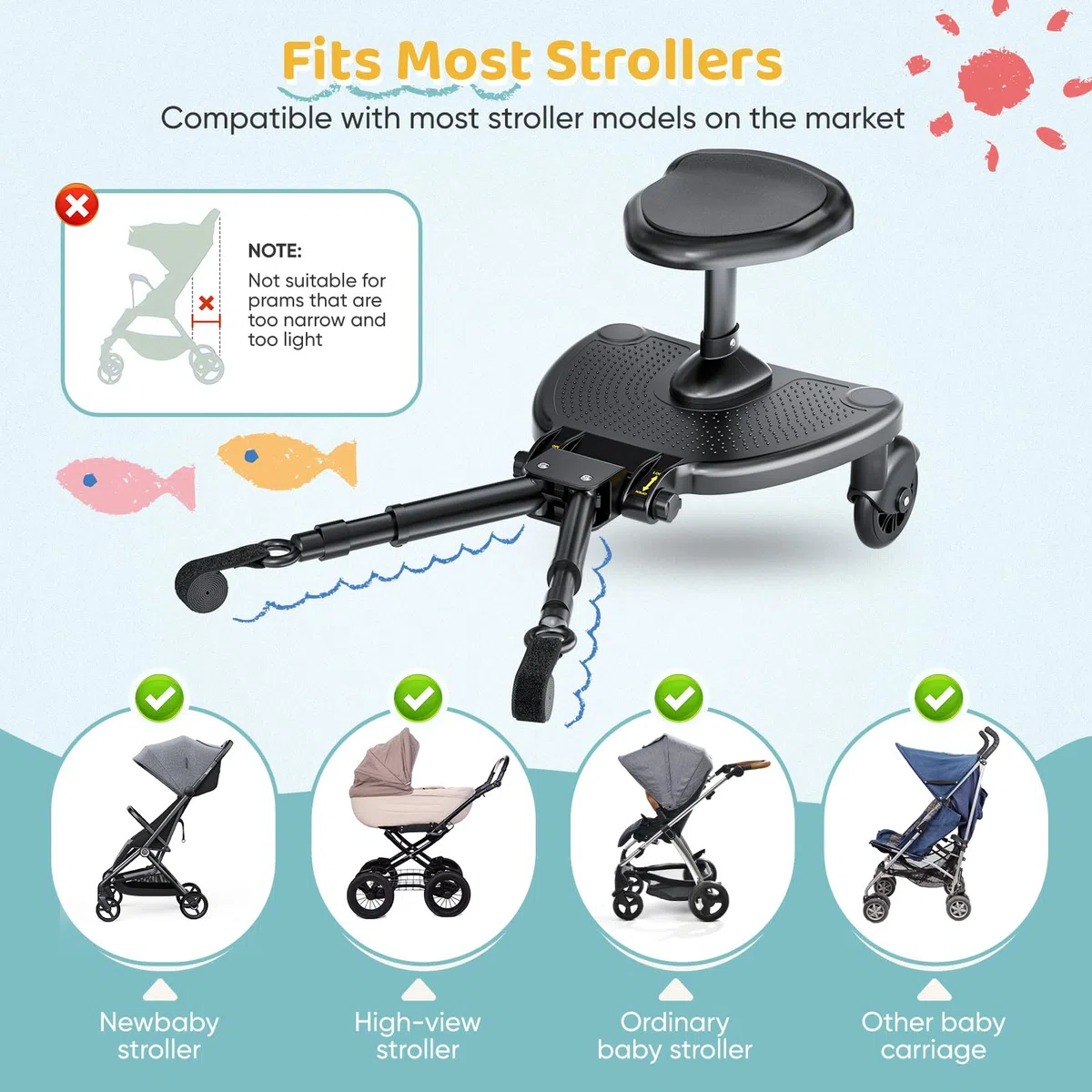 Monopatín universal con asiento grande, tablas con ruedas compatible con el 99% de cochecitos, monopatín universal, 2 en 1 caminata, cochecito para niños de 2 a 6 años (25 kg)