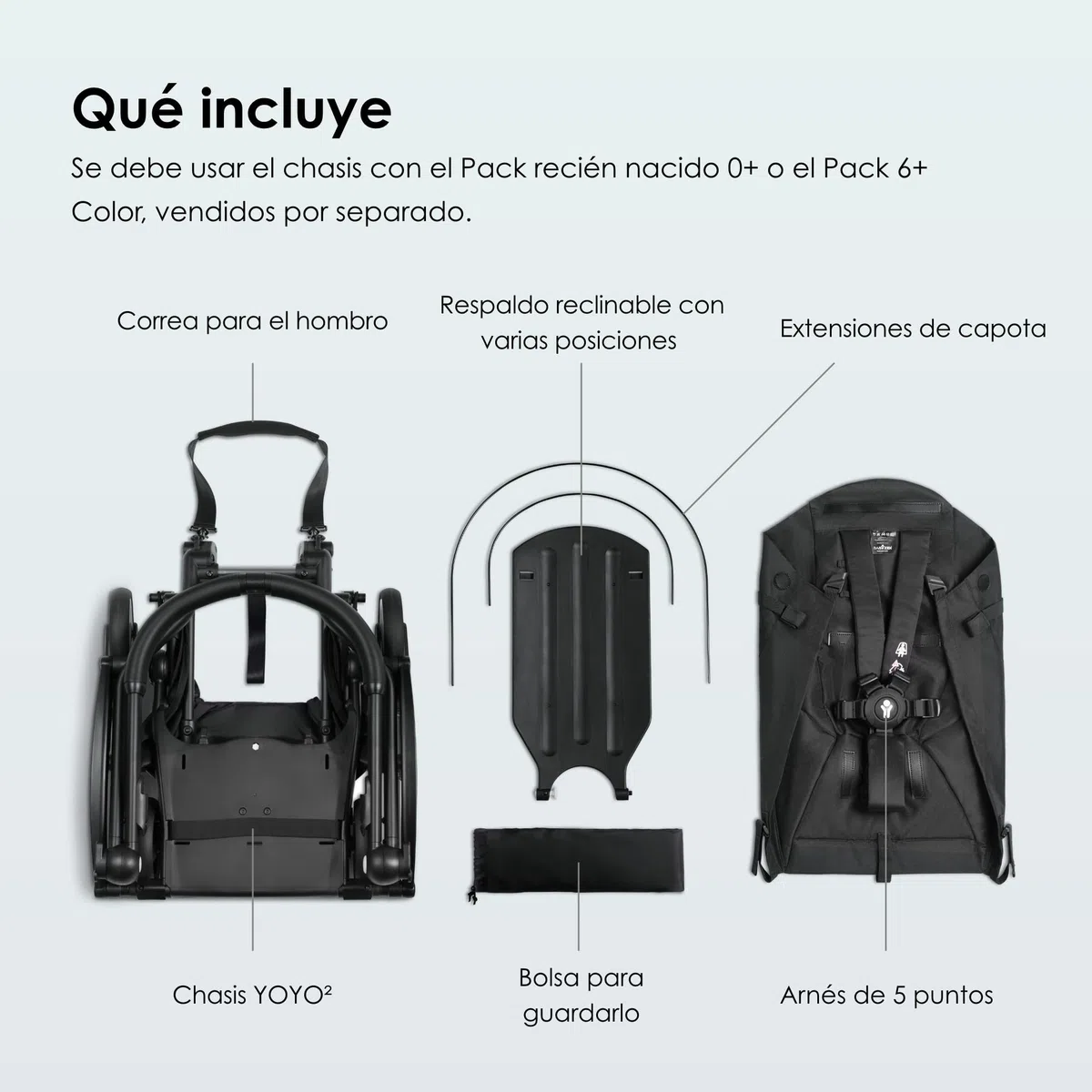 BABYZEN YOYO2 Chasis de cochecito, Negro - Set de textiles no incluidos - Viene con arnés de 5 puntos, respaldo reclinable, extensiones de capota, correa para llevar al hombro y bolsa protectora