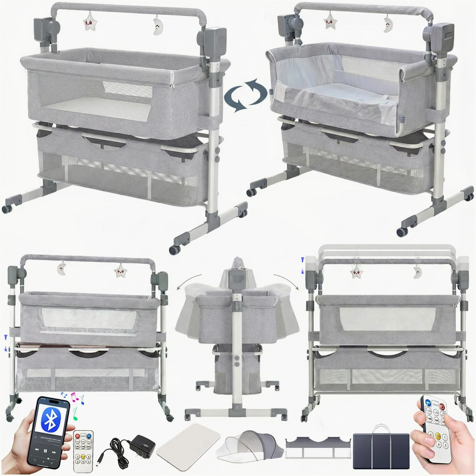 Eléctrico Bluetooth Inteligente Cuna Colecho, Multifuncional Cuna Colecho Bebe, Altura Regulable Minicuna Colechos (601 Mid Grey)