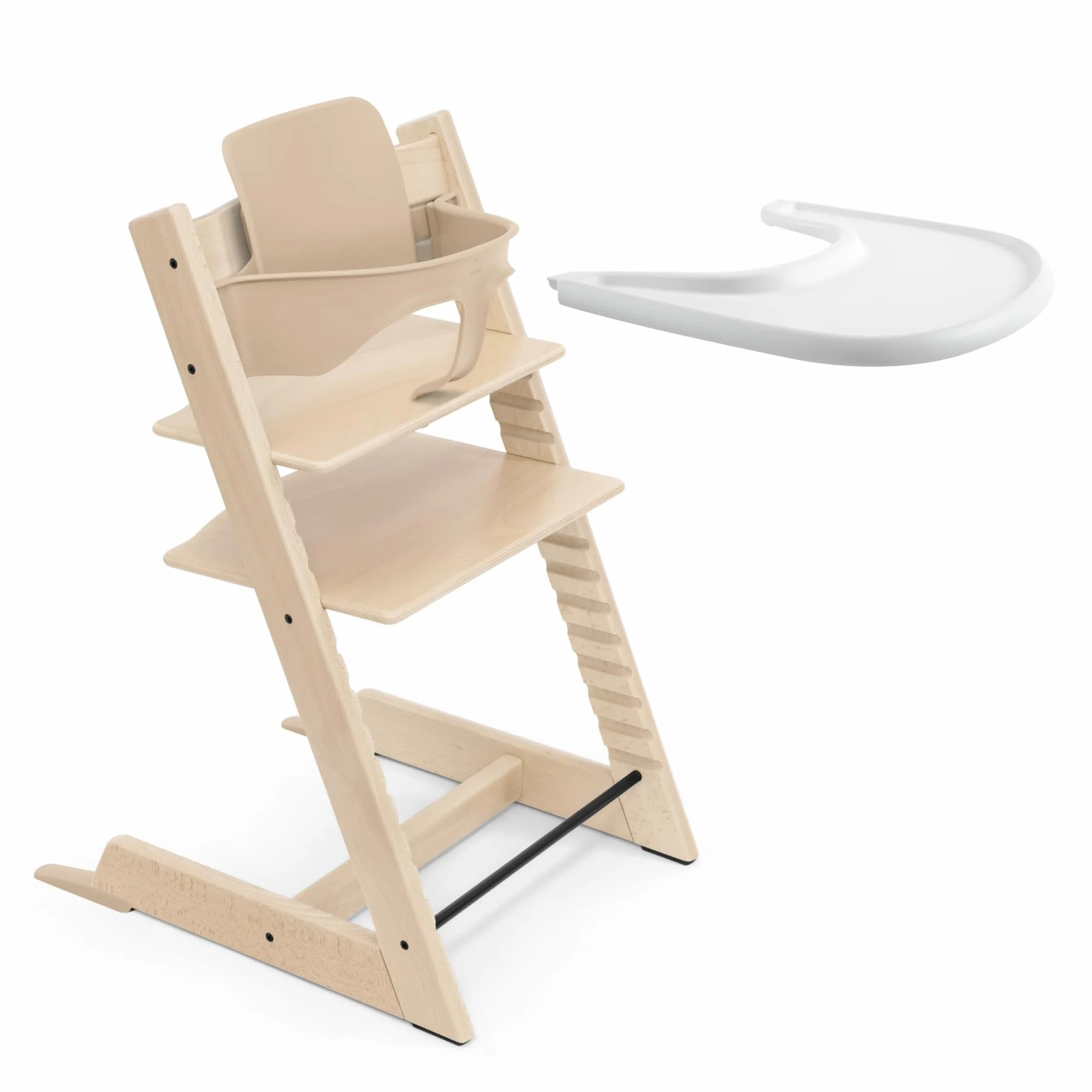 Trona Tripp Trapp de Stokke (Natural) Con Bandeja (Blanco) - Incluye Silla, Baby Set 2 Para Niños de 6 a 36 Meses - Ajustable y Fácil de Limpiar