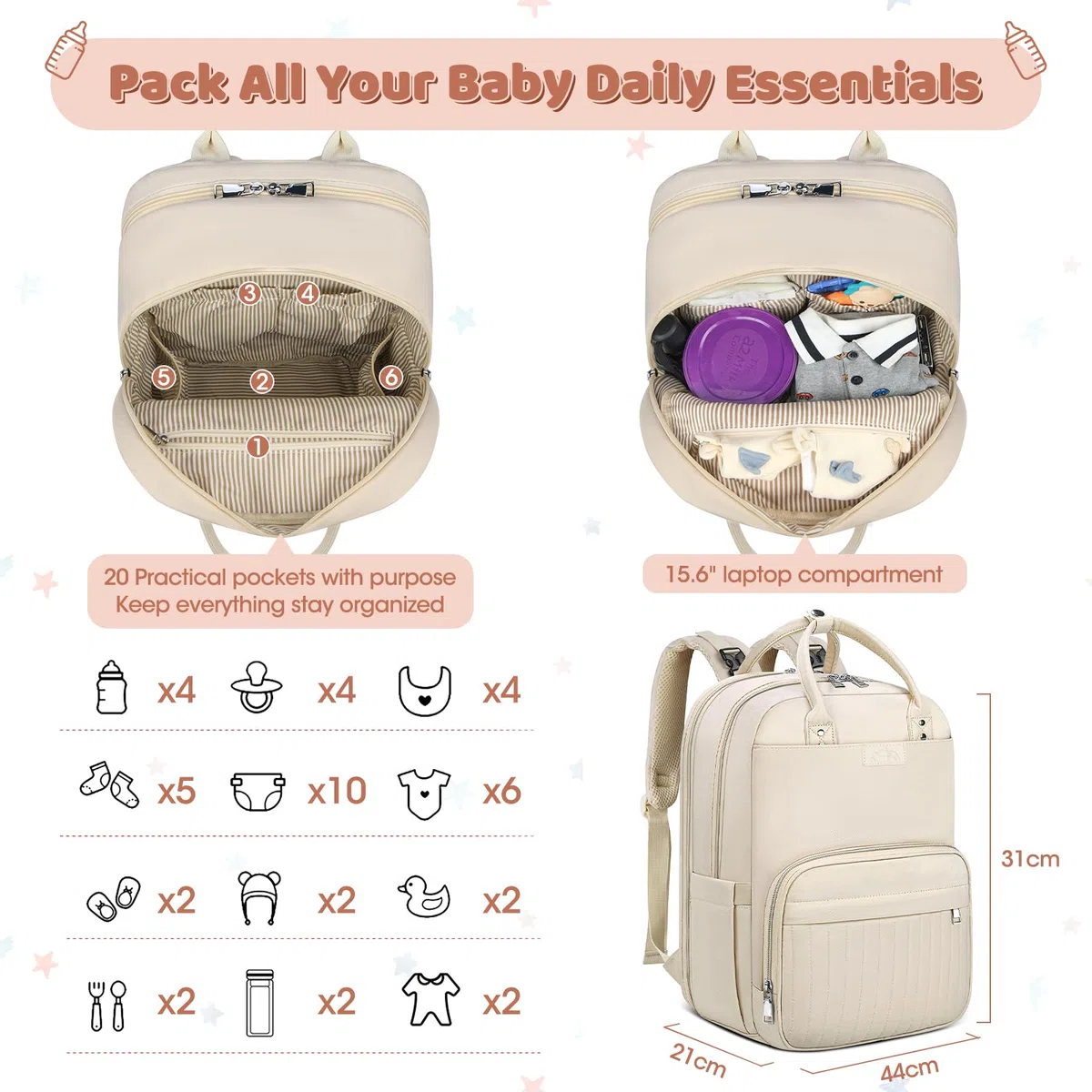 RAINSMORE Mochila Bebe Mochila Carro Bebe Pañaleras para Bebes Multifuncional Mochila Maternidad con Cambiador Bebe Plegable y Correas de Cochecito Beige