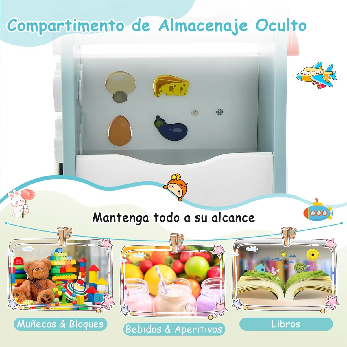 GOPLUS Centro de Actividades de Cocina de Madera 6 en 1, Andador con Cocina para Bebés, Cocina de Juguete, Juego de Empareja, Carriola Ergonómica con Ruedas para Bebés de 12+ Meses (Azul)