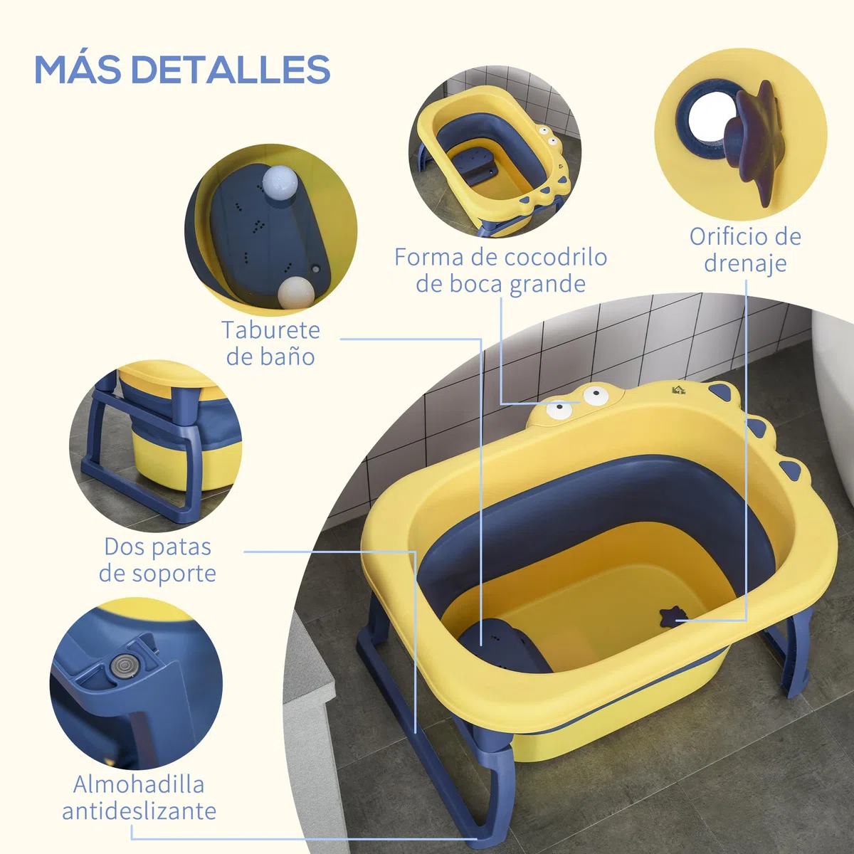 HOMCOM Bañera Plegable para Bebé de Recién Nacidos hasta 6 Años Bañera Portátil para Niños con Patas Antideslizantes 105L Amarillo y Azul