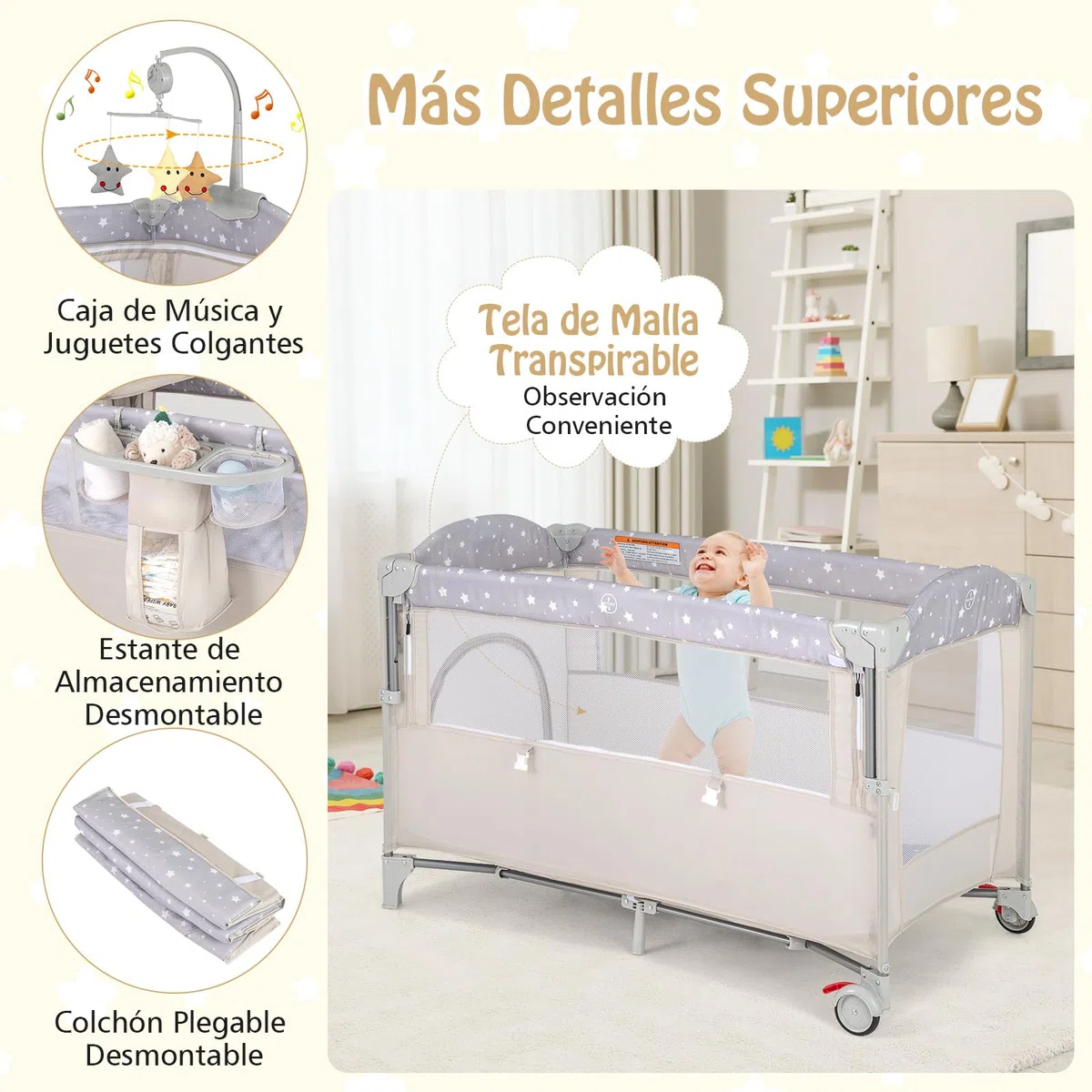 RELAX4LIFE 5 en 1 Cuna Infantil Bebe con 2 Ruedas Bloqueables, Cambiador, Correa Fijación, Caja de Música y 3 Juguetes Colgantes, Cuna con Colchón y Bolsa de Transporte para Bebés 0-36 Meses (Beige)