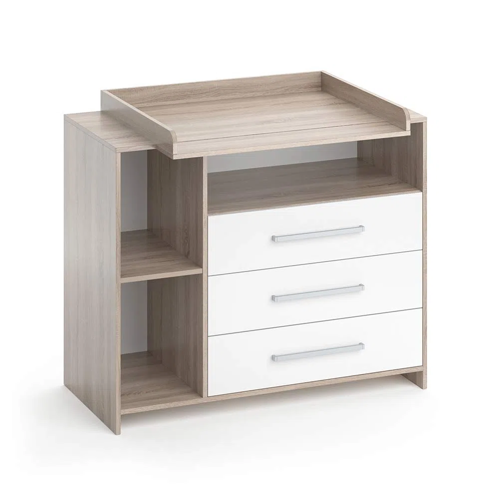 Vicco Cómoda Cambiador Oskar, Blanco/Sonoma, 113 x 100 cm, Convertible en cómoda Gracias al Cambiador extraíble