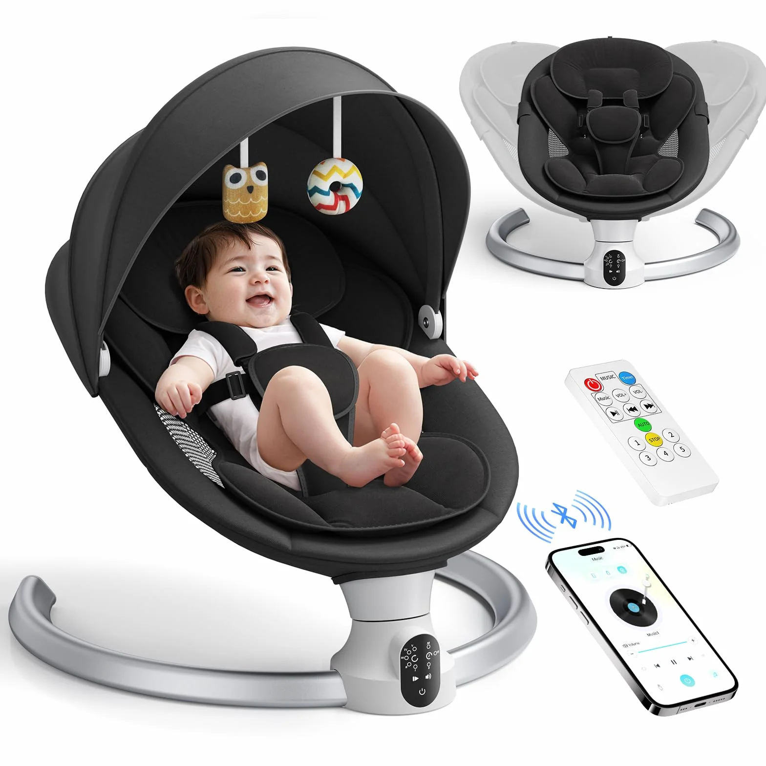 Hamacas Bebé Electrica - APP & Control Remoto Baby Bouncer, Hamaca Bebe Acolchado Suave con 3 Temporizadores, 5 Velocidades de Columpio, 10 Músicas, Mecedora Bebe Bluetooth (APP Negro)