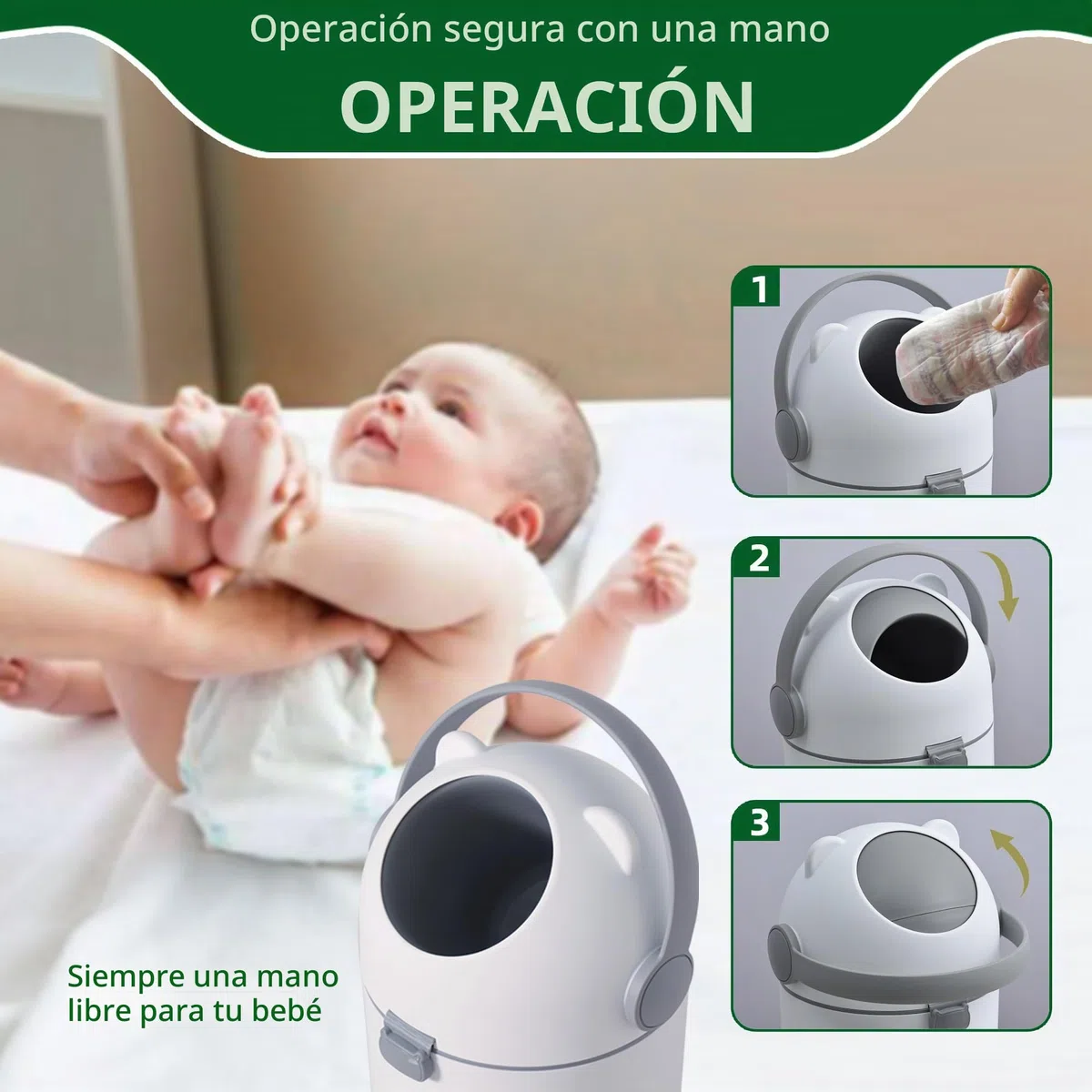 Cubo de pañales con protección contra olores, 12 l, manejo con una sola mano, bolsa universal, diseño de oso n2, color blanco y gris