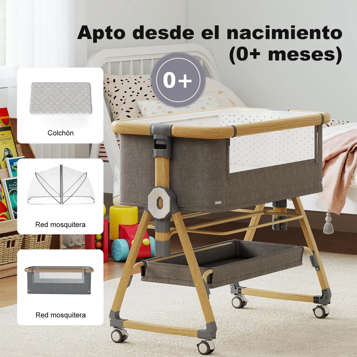 Cuna 3 en 1, Cuna de colecho,Crib Mecedora, Ajuste de Altura e inclinación del colchón (Color veta de Madera)
