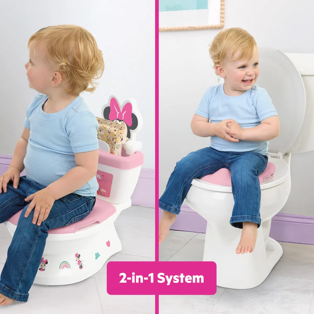 Bright Starts, Disney Baby Orinal 2 en 1 Minnie Mouse, con Sonidos de Descarga y Aplausos, desde 18 Meses, hasta 23 kg, Rosa