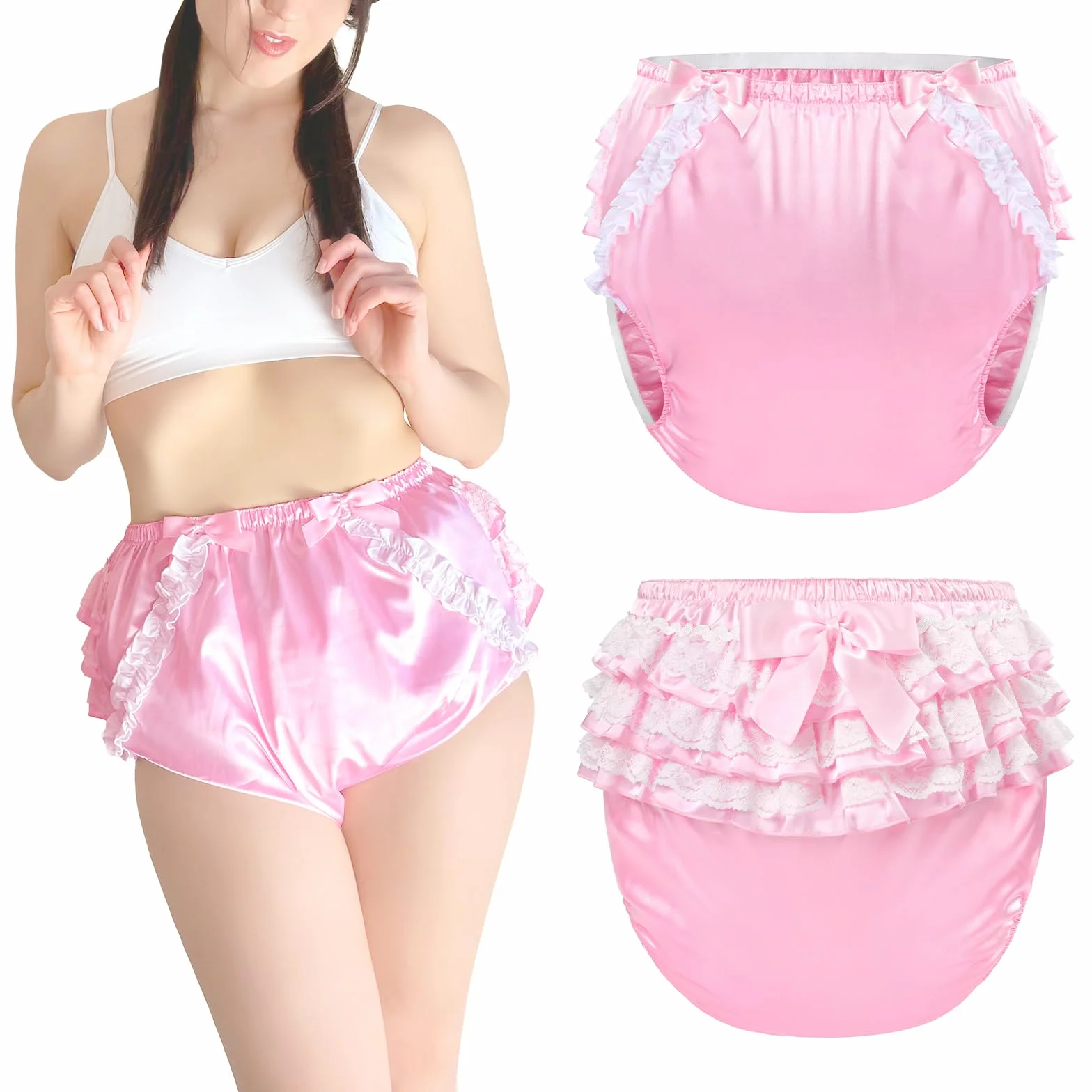 LittleForBig Lavable Reutilizable Resistente al Agua Con Volantes de Encaje y Lazo Bonitos en Rosa Satén para Cubierta de Pañal para Adultos Talla M