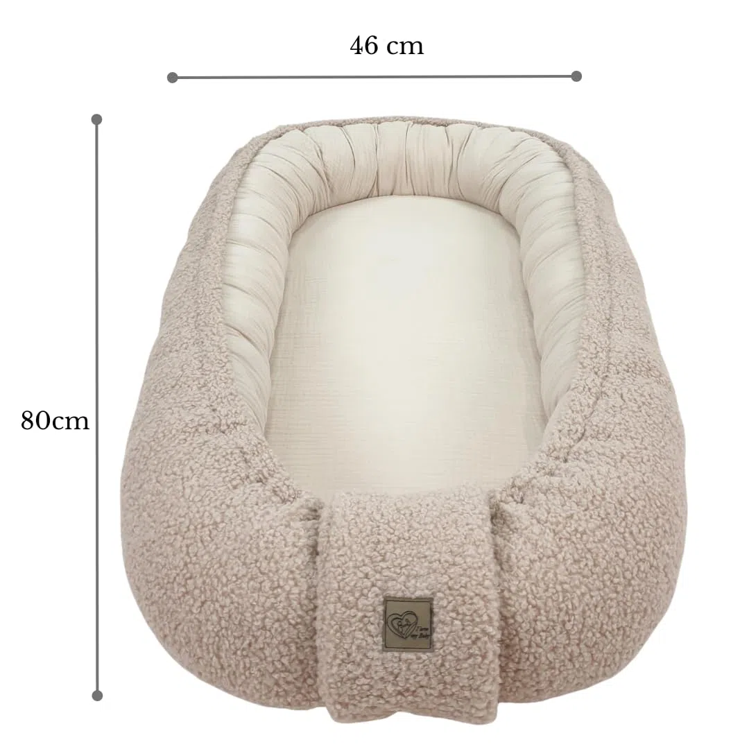 WIKLINOPOL Babynest, nido para recién nacidos – Baby Nest 80x46 cm en Beige, nido portátil de muselina y suave peluche Teddy – nido bebé para recién nacido con colchón extraíble