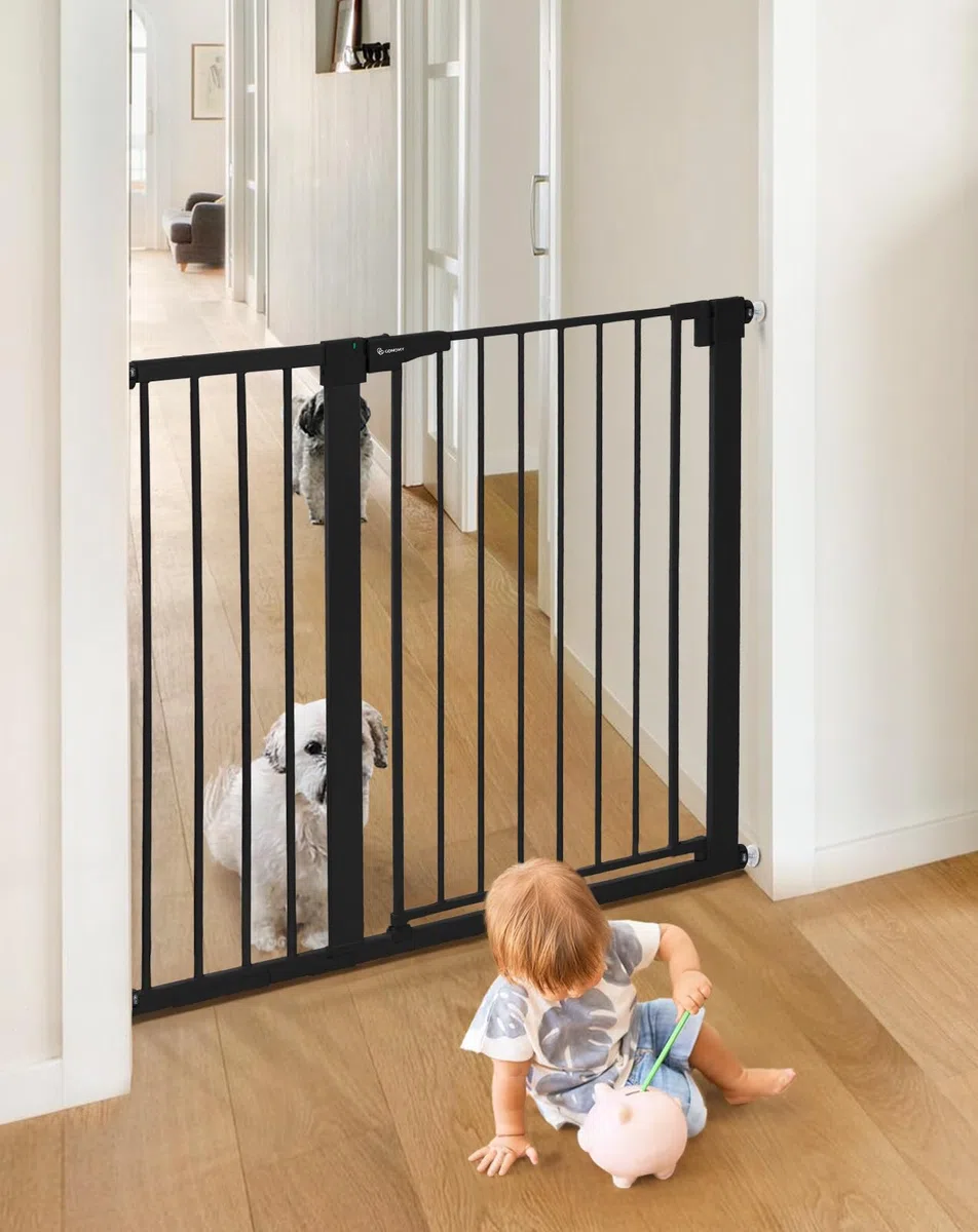 COMOMY Puerta de Perros 91,5cm Extra Alto, 75-110cm Ancho Grande Puerta Seguridad Bebe de Cierre Automático, Duradera Barrera Seguridad Niños para Escalera, Montadas a Presión, Negro