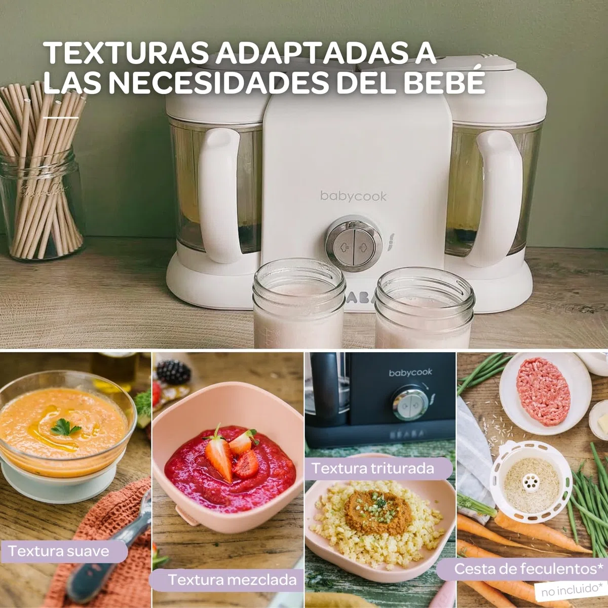 BÉABA Babycook Duo, Robot de cocina infantil 4 en 1, Tritura, cocina y cuece al vapor, Rápido en 15 minutos, Comida casera para bebés y niños, Capacidad XXL, 2 x 200 ml, Blanco/Plato