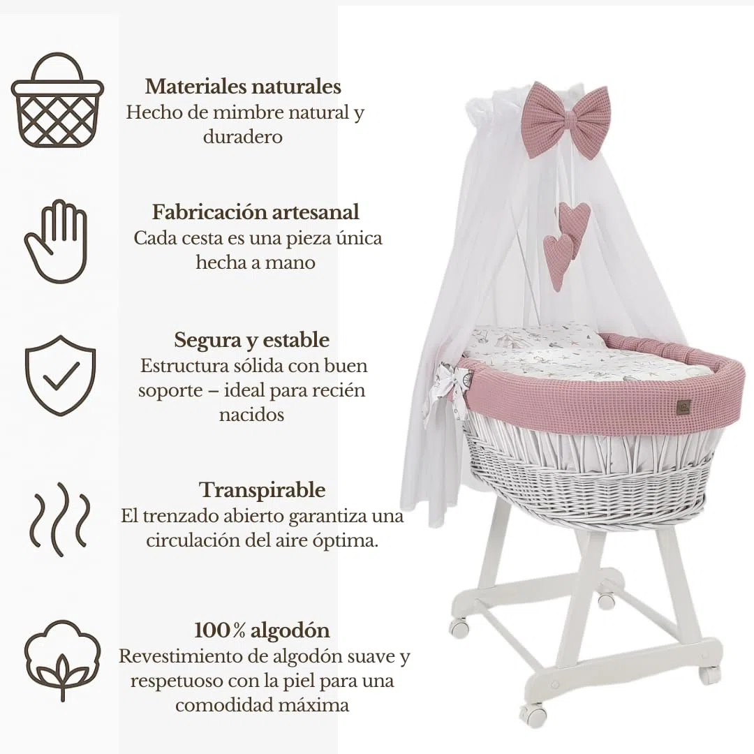 Wiklinopol Moisés con dosel Lena – Moisés de mimbre con estructura – Cesta para bebé en color blanco, juego completo con 5 piezas, ropa de cama de conejito rosa – con ruedas, portátil, segura
