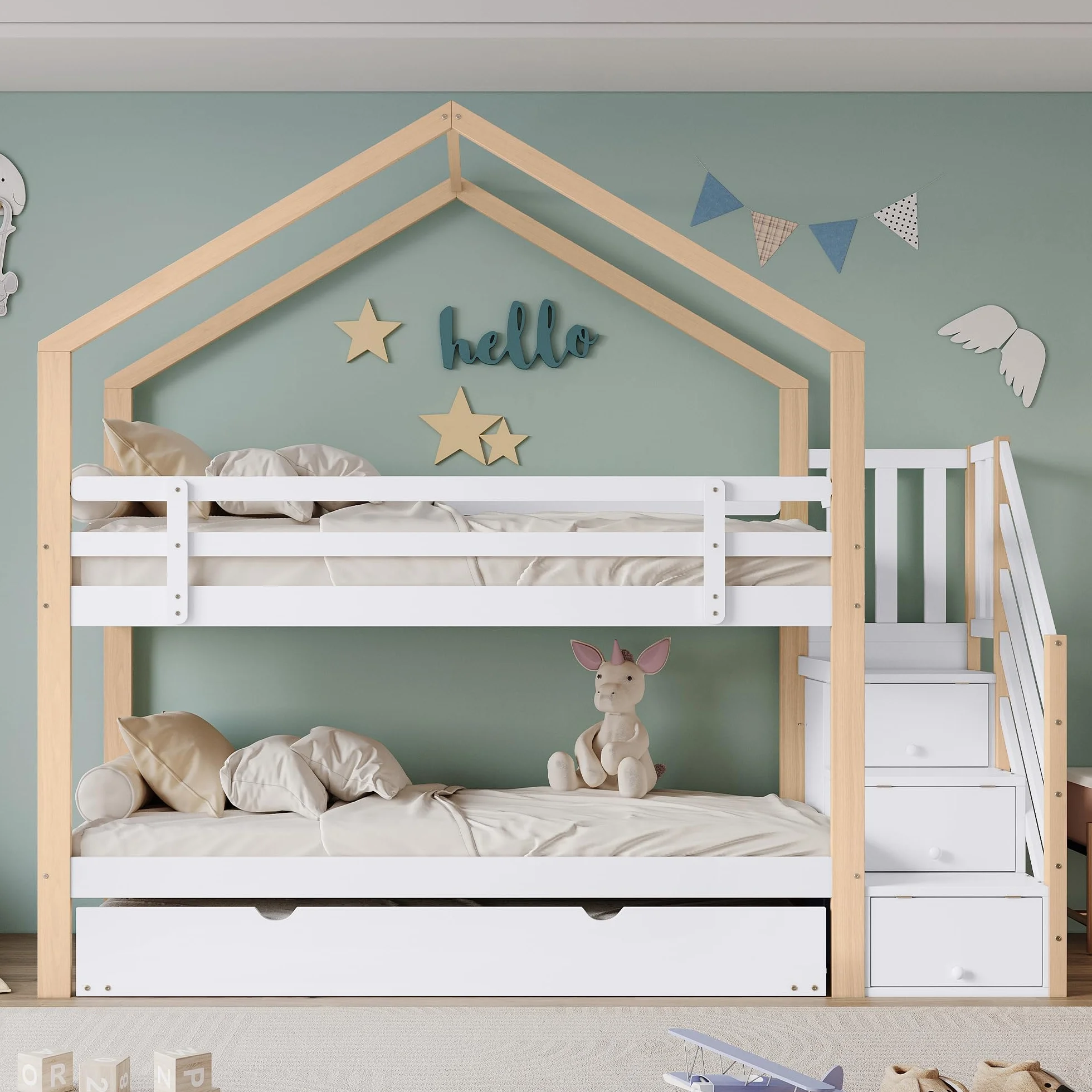 Moimhear litera con casa del árbol extensible, cama corrediza, escalera con 4 cajones, cama infantil con protección contra caídas y reja de cama infantil, con somier, Natural+Blanco (90x200cm