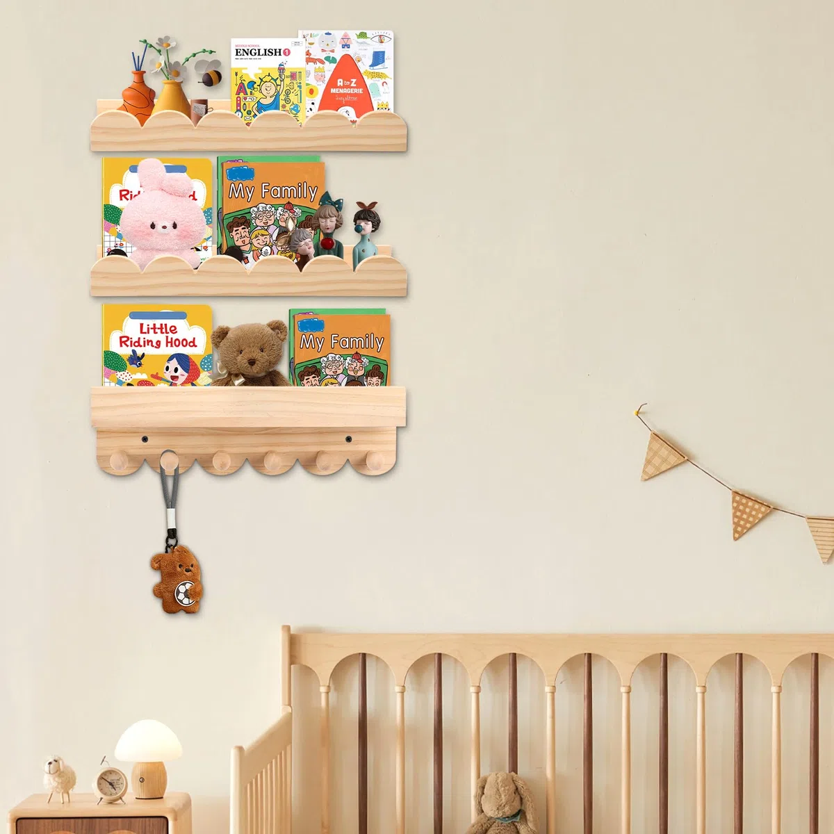Rainmae Estantería para niños, juego de 3 unidades, 40 cm, para habitación infantil, con ganchos de madera, ideal para libros y juguetes, 100% madera