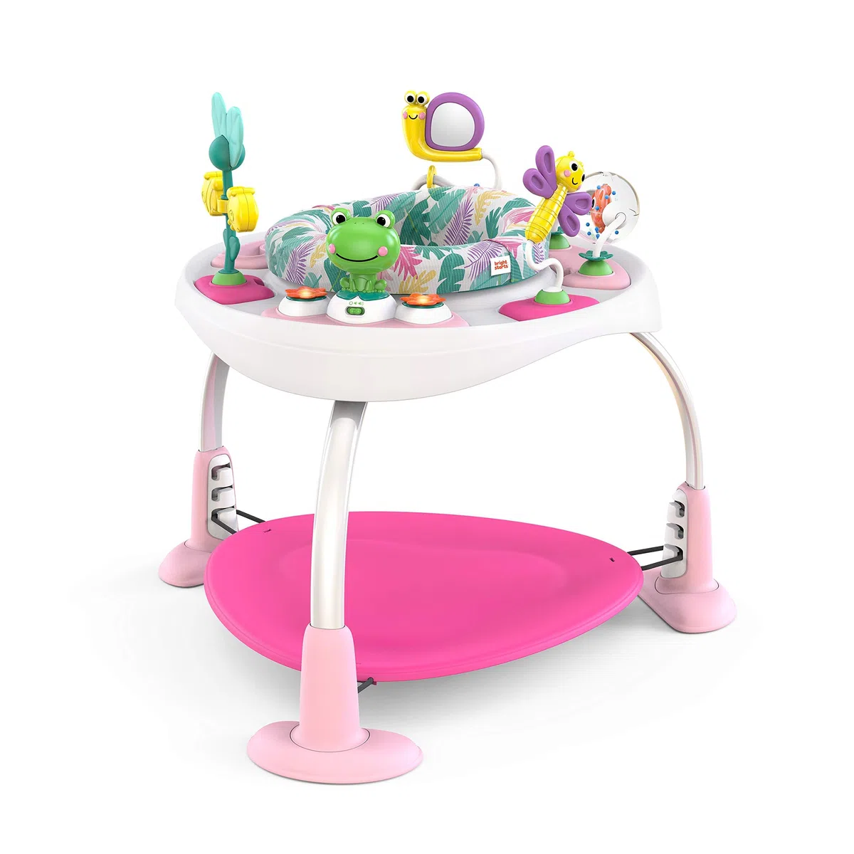Bright Starts, Saltador y Mesa de Actividades 2en1 Bounce Bounce Playful Palms - 7 Jugetes Interactivos, Sonidos y Música, Altura Ajustable, Asiento Gira 360°, Rosa, a partir de 6 meses