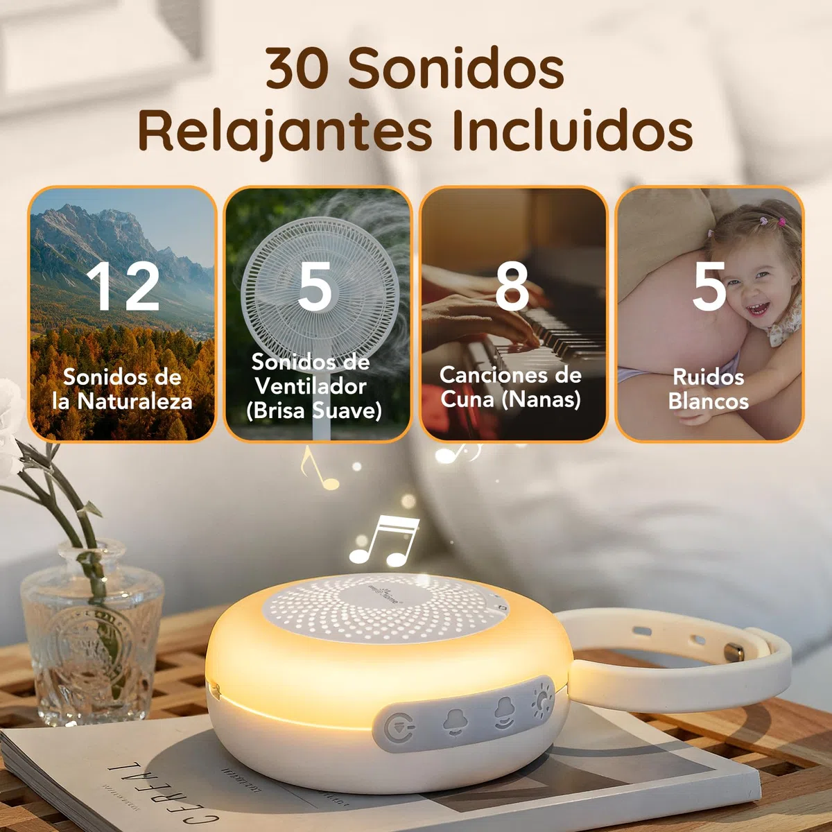 Easy@Home Máquina para ruidos blancos portátil con 30 sonidos relajantes, temporizador automático y luz nocturna | Ideal para bebés y adultos, generador de ruido blanco para dormir y relajarse