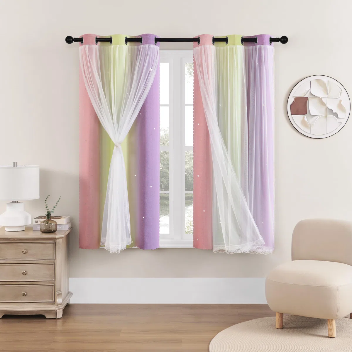 XiDi Filtro de luz térmico opaco compacto, diseño de estrellas, color rosa, amarillo y morado, 86 x 160 cm, para ventanas pequeñas con velo y diseño de agujeros, pin/ye/pur/86/160/2