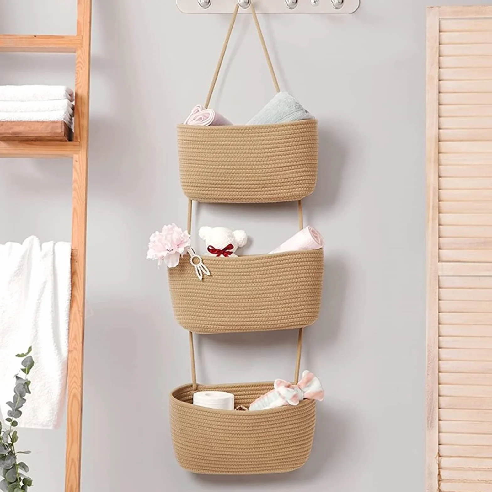 Organizador colgante, cesta colgante de pared de 3 niveles, cesta colgante de pared, cestas de almacenamiento de cuerda de algodón, cesta colgante para salón, dormitorio, baño, habitación infantil (B)