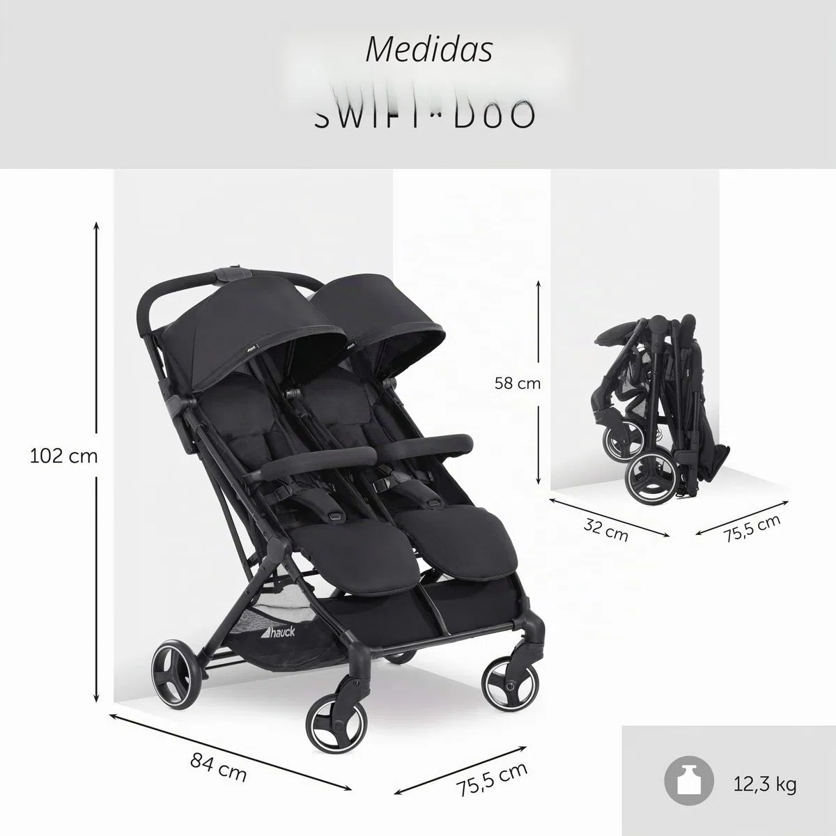 hauck Swift X Duo Carro Gemelar - Silla de Paseo 2 Niños Superligera - Cochecito para Hermanos - Plegado Compacto - Respaldos y Reposapiés Reclinables - hasta 30 kg - Negro