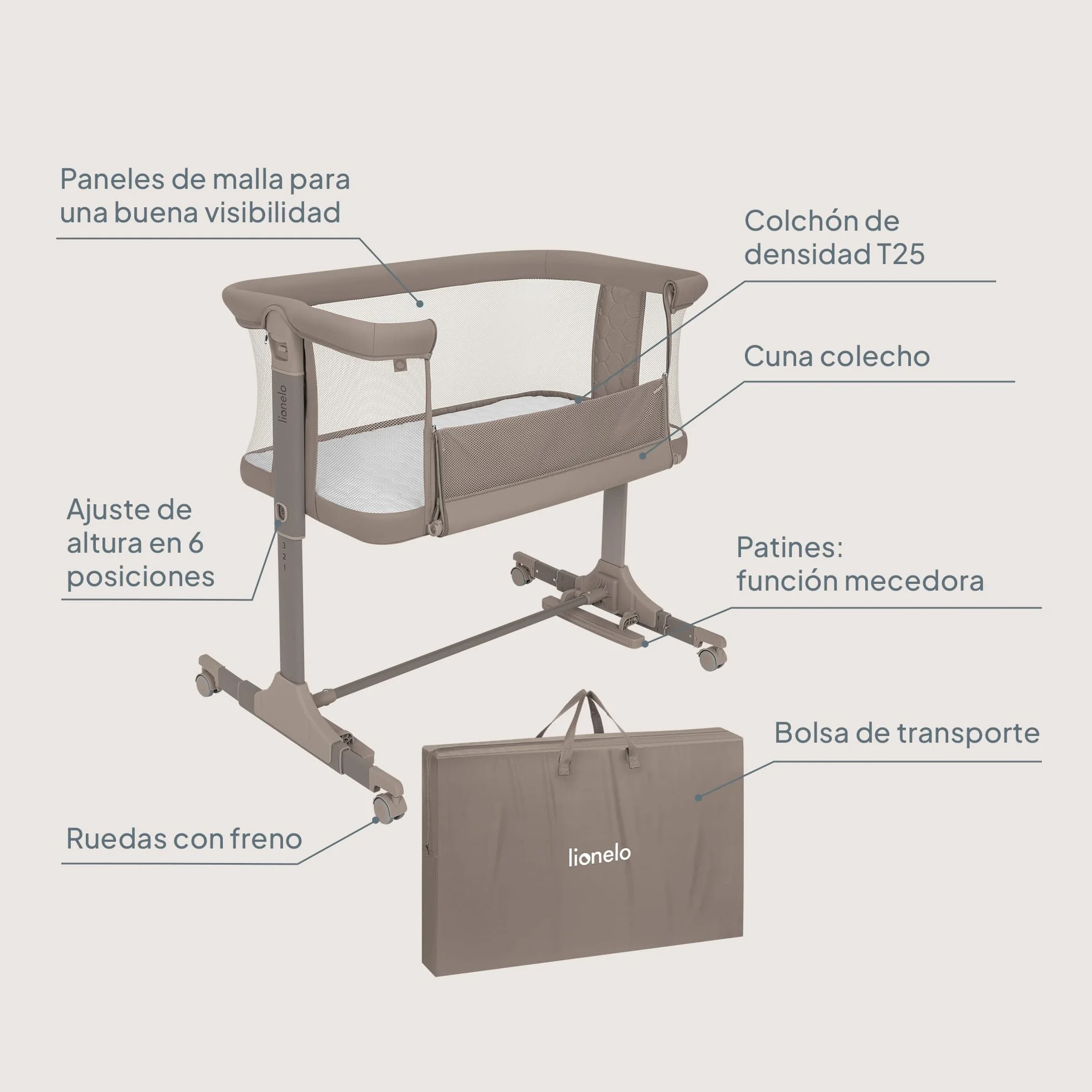 lionelo Pari Cuna 3 en 1 hasta 9 kg, Cuna de colecho, Cama Mecedora, Ajuste de Altura e inclinación del colchón, 4 Ruedas con Freno, Colchón Ergonómico, Malla Transpirable, Bolsa, Minicuna | Estructura de acero