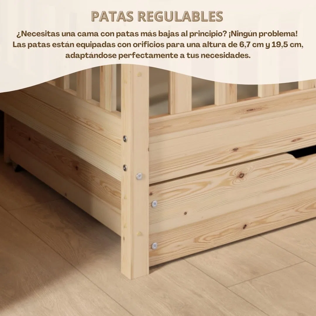 Cama Montessori en Forma de Casa 190x90 cm - Cama Infantil con Protección contra Caídas 40cm y Barrera Abrible - Camas Infantiles niño - Madera Natural con Cajones