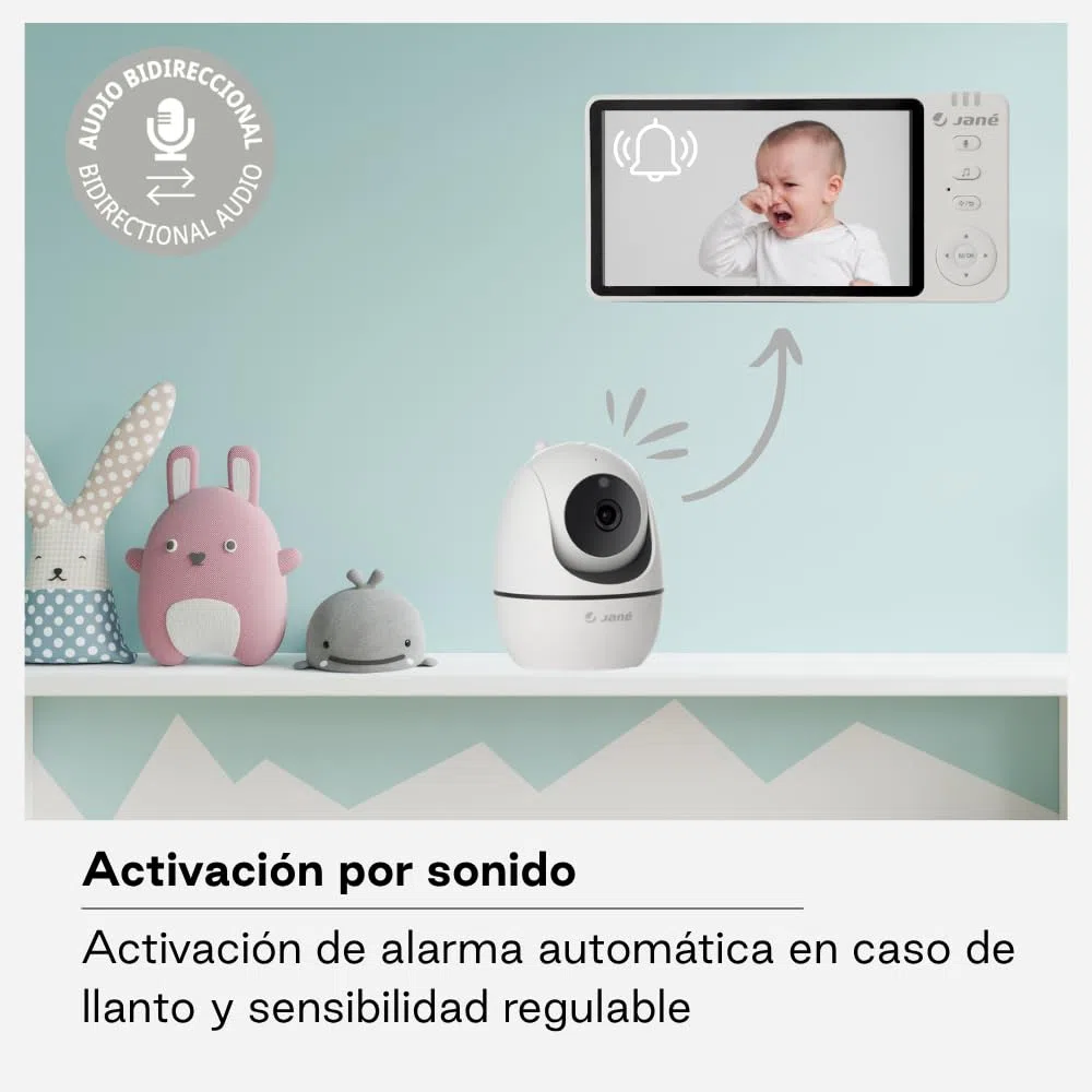 Jané Eye Pro Baby Monitor, Vigilabebés con Cámara Giratoria, Inclinación Motorizada, Pantalla 5", Audio Bidireccional, Visión Nocturna, Gran Alcance, con Música, Batería Bajo Consumo