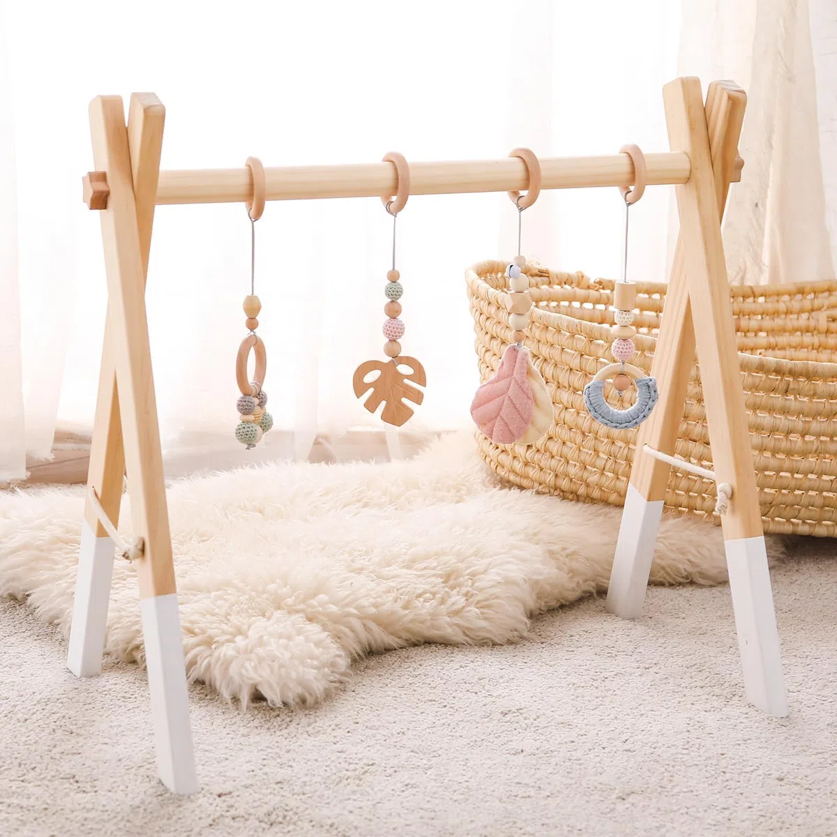Play Arch Baby Wood Baby Gym Wood Baby Play Arch Newborn Toy Play Arch Activity Centre Baby Pink Pendant Design Detachable Play Arch Babies Wood