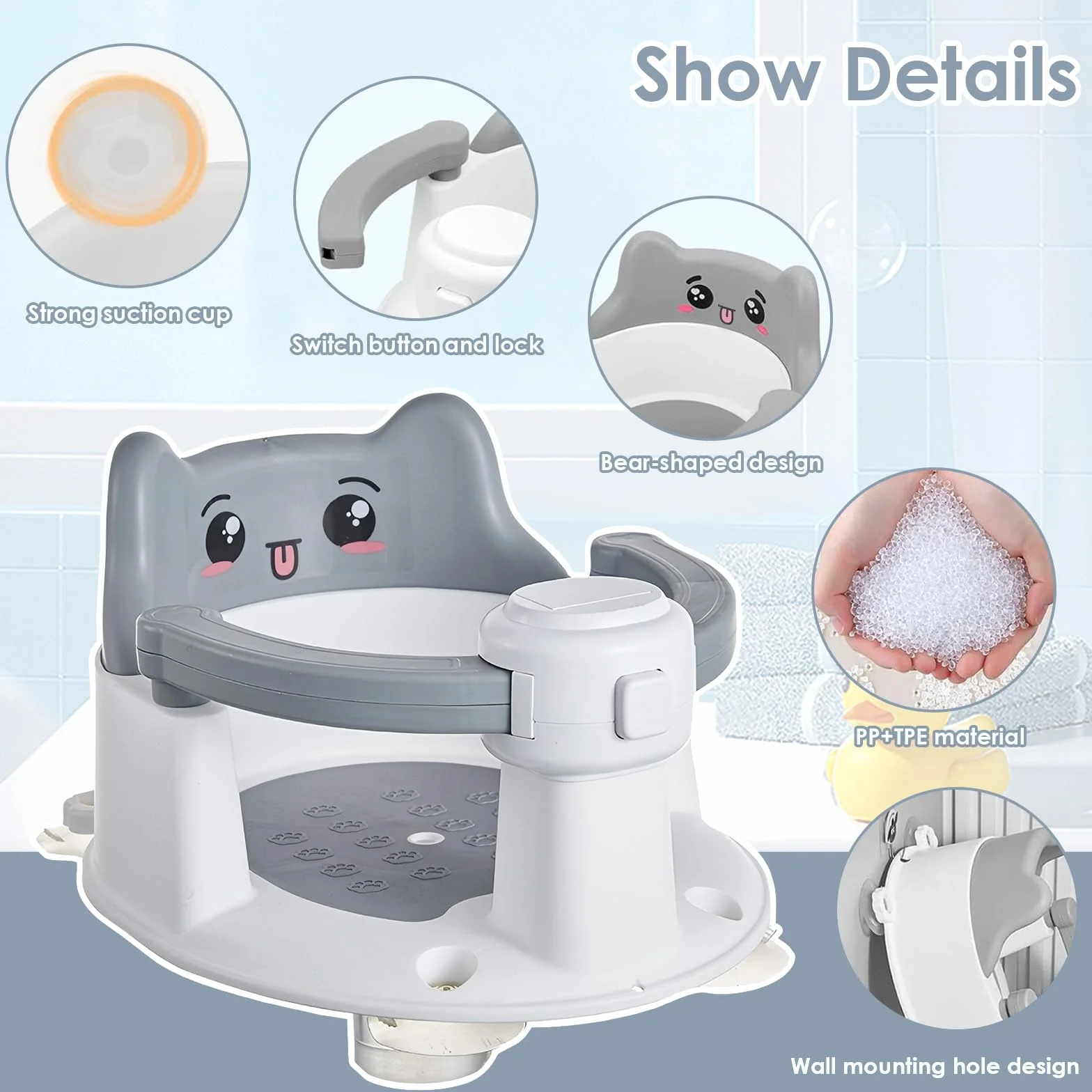 Asiento de Bañera para Bebés con Diseño de Gato, Silla Antideslizante con 4 Ventosas, Asiento Ergonómico y Seguro para Bañera y Ducha