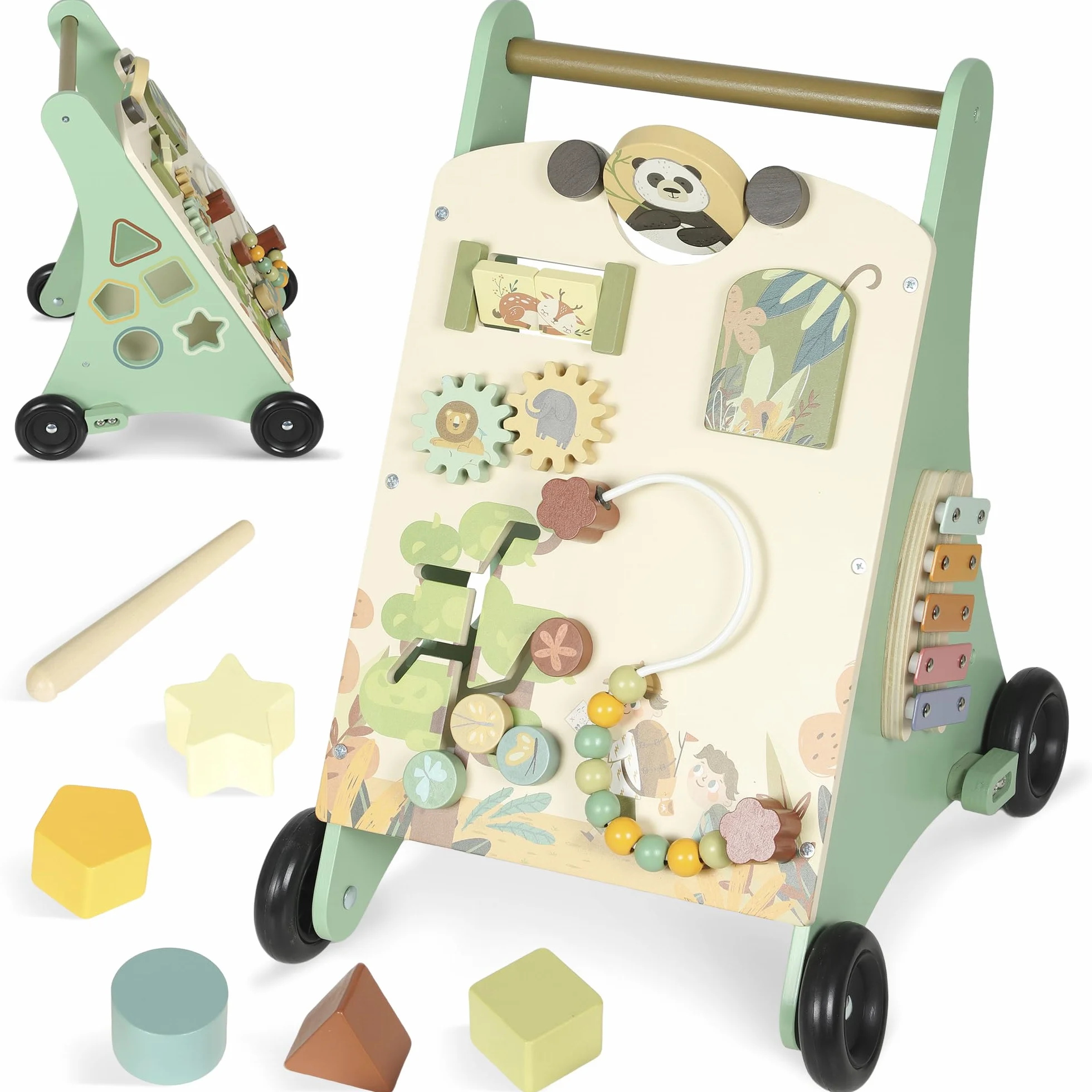 AIYAPLAY Andador Madera Bebé, Juguete de Andador, Centro de Actividades de Aprendizaje Montessori Control de Velocidad, con Xilófono, Engranajes, Laberinto, Cuentas, Para Niños de +18 Meses, Verde