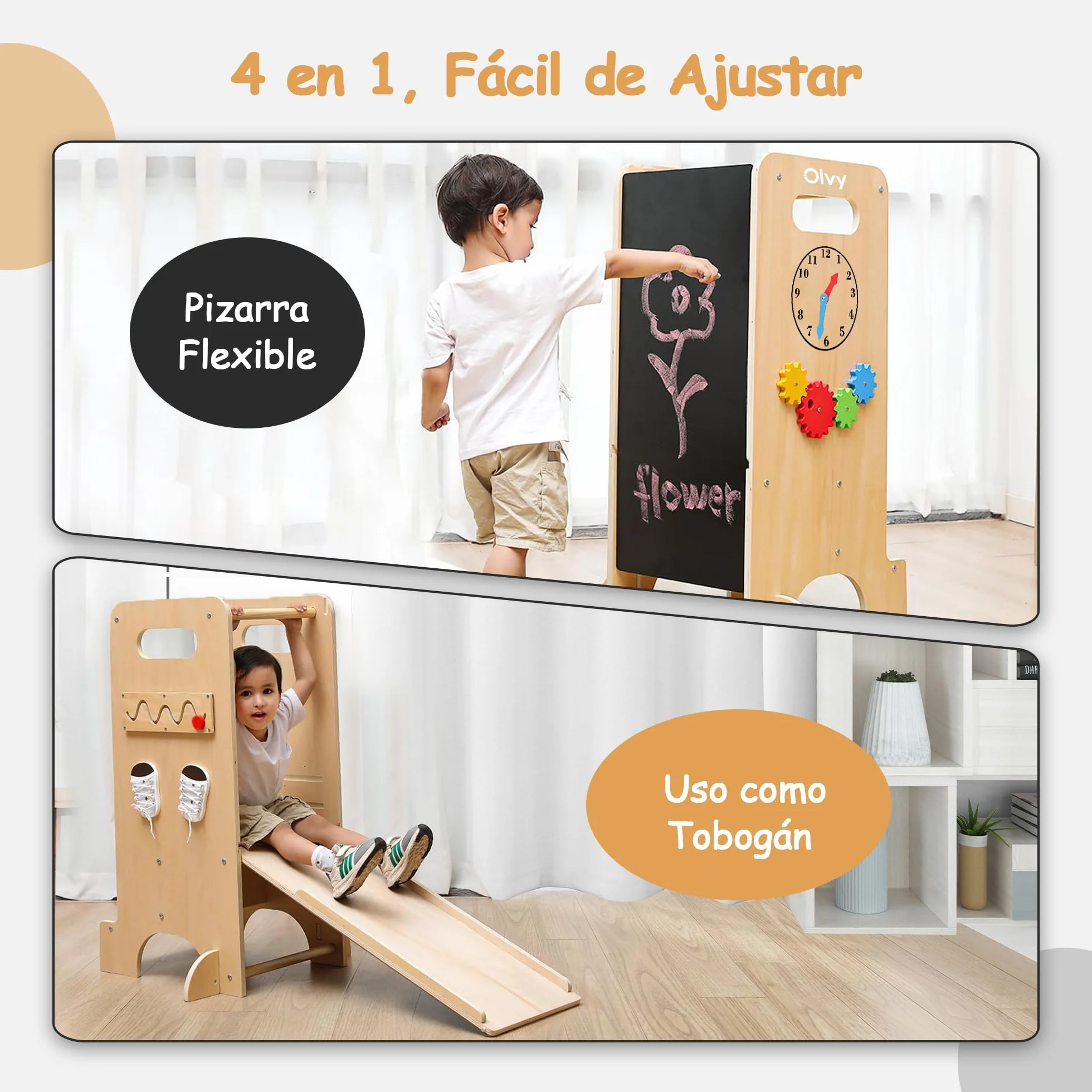 Olvy Kids Torre de Aprendizaje Montessori 4 en 1 - Taburete Escalón de Madera Plegable para Cocina