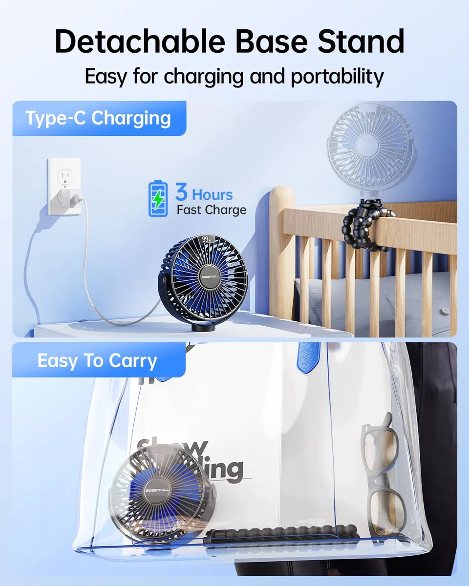 SWEETFULL Ventilador de cochecito de bebé, ventilador de cochecito de 6000 mAh, funciona con pilas, portátil, asiento de coche, bicicleta, viajes