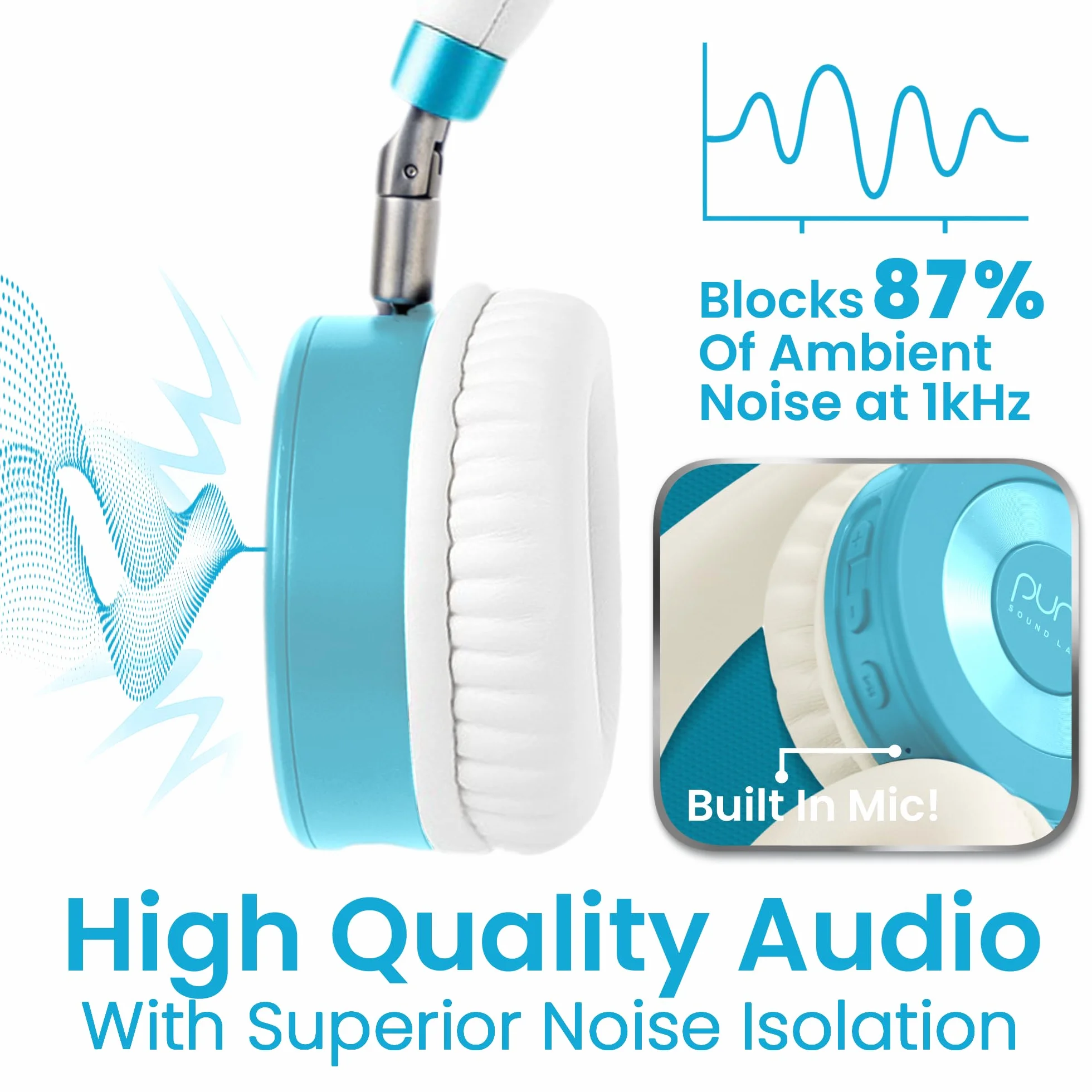 Puro Sound Labs Auriculares JuniorJam Plus con Limitación de Volumen para Niños, límite de 85 dB, Auriculares Bluetooth Ajustables para tabletas, Smartphones, Ordenadores - 22 Horas de autonomía